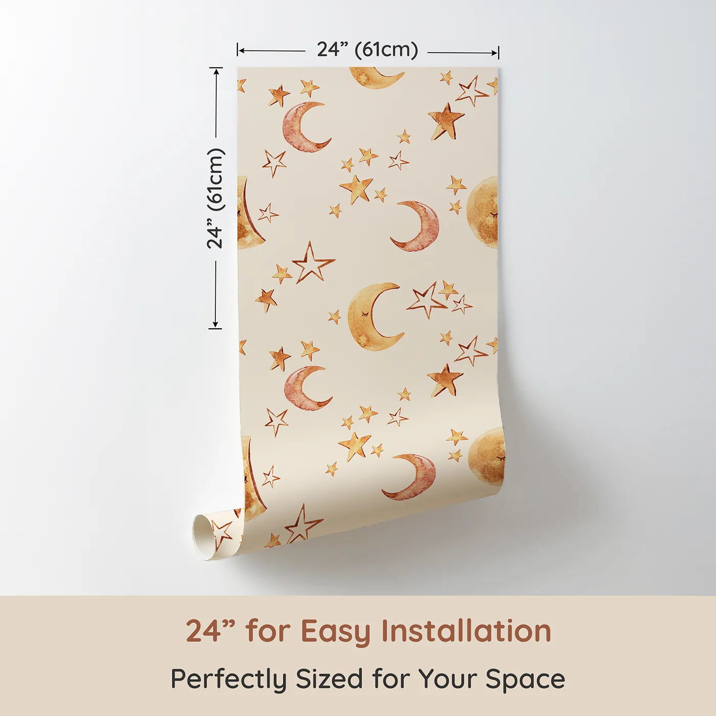 Dimension view of Whimsy Tots Sleepy Skies Shine Wallpaper in Cream (W3383C). Printed in 24-inch-wide panel for easy installation. Watercolor stars and sleepy moons dance across a soft cream sky.