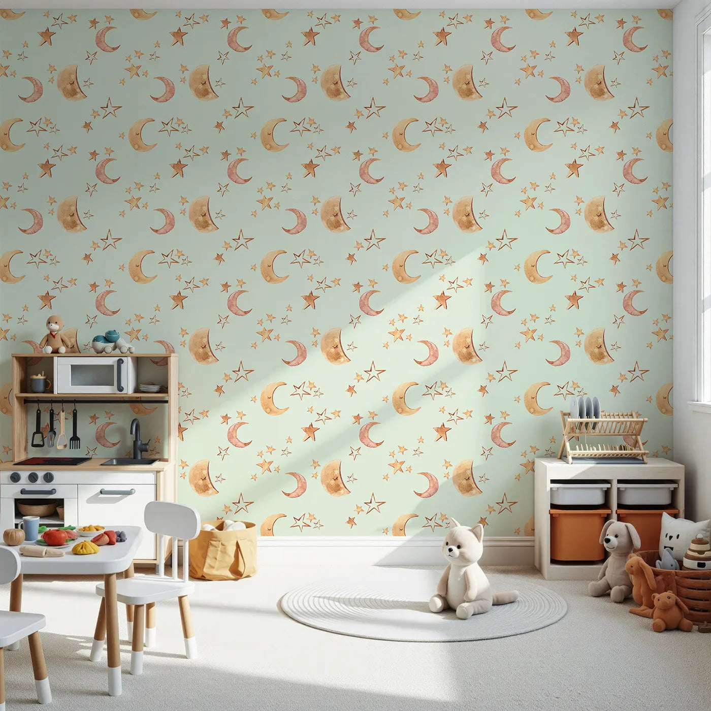 Front view of Whimsy Tots' Sleepy Skies Shine Wallpaper in Mint Green