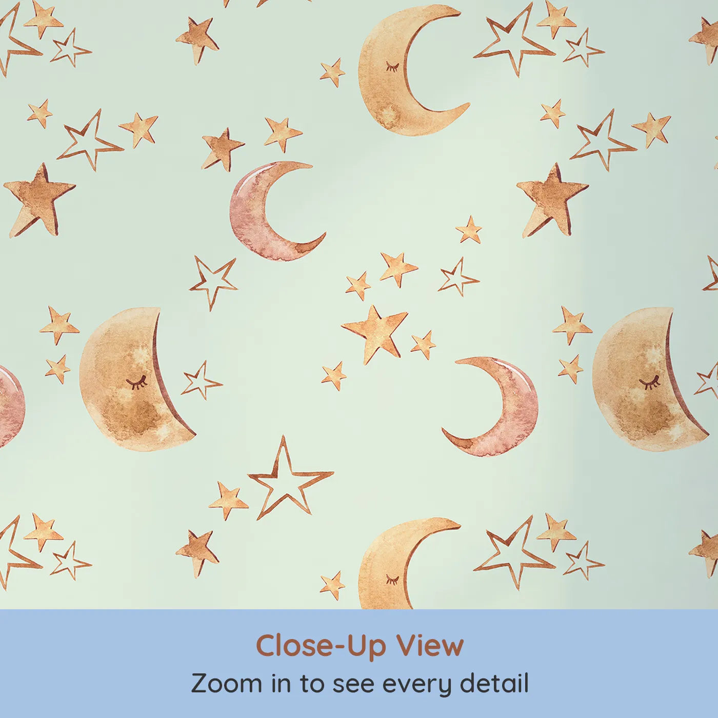 Close-up view of Whimsy Tots' Sleepy Skies Shine Wallpaper in Mint Green (W3383D).Watercolor stars and sleepy moons dance across a gentle mint sky.
