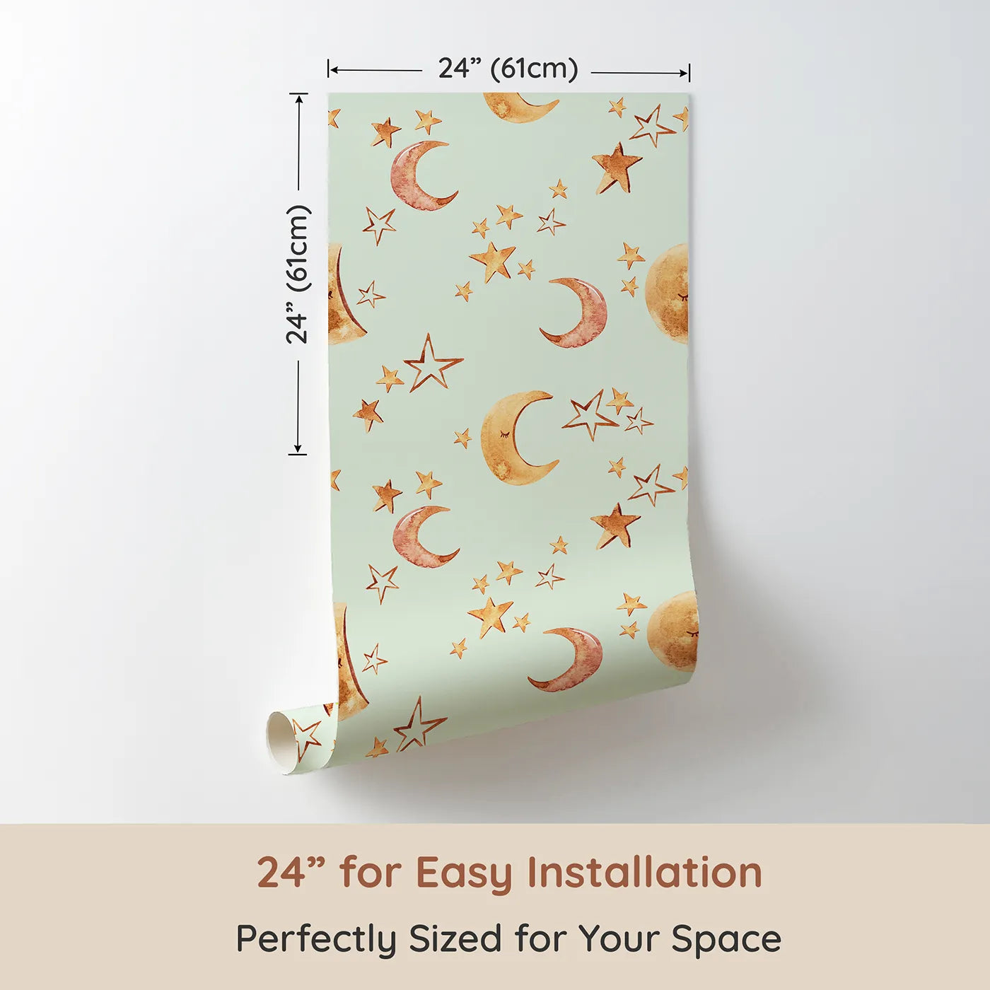 Dimension view of Whimsy Tots Sleepy Skies Shine Wallpaper in Mint Green (W3383D). Printed in 24-inch-wide panel for easy installation. Watercolor stars and sleepy moons dance across a gentle mint sky.