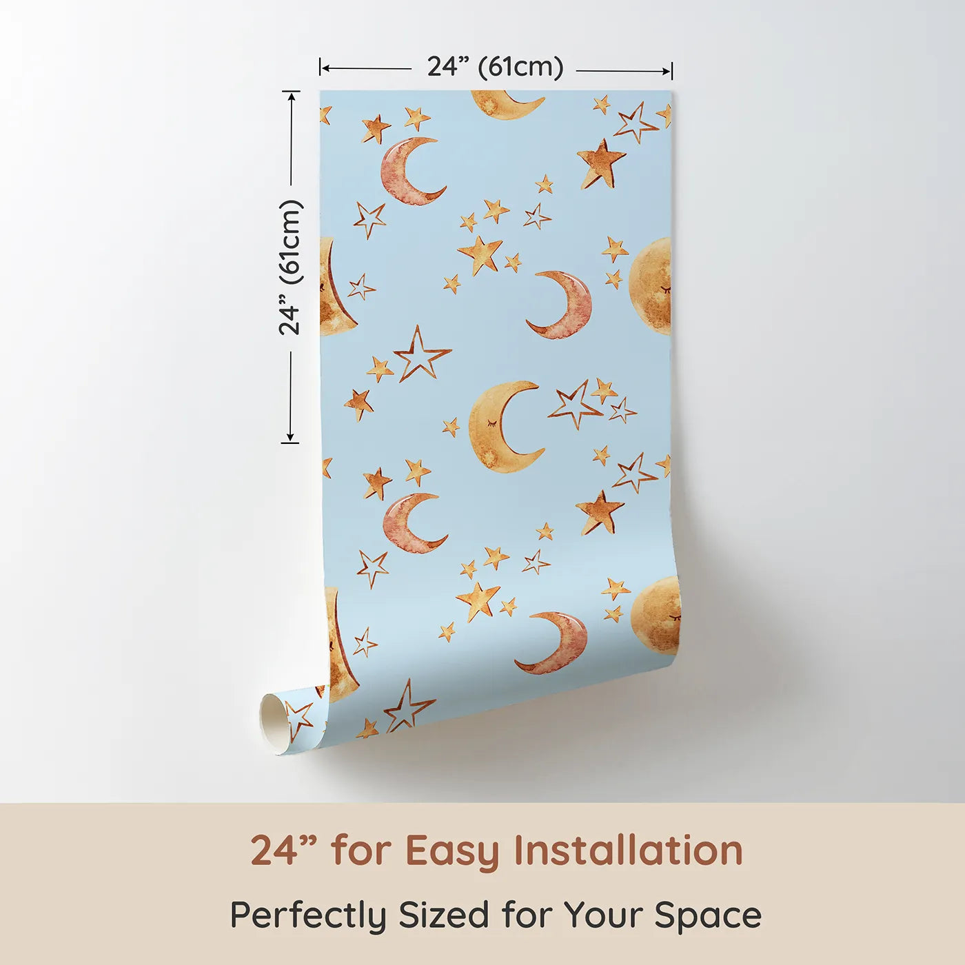 Dimension view of Whimsy Tots Sleepy Skies Shine Wallpaper in Blue (W3383E). Printed in 24-inch-wide panel for easy installation. Watercolor stars and sleepy moons dance across a baby blue sky.