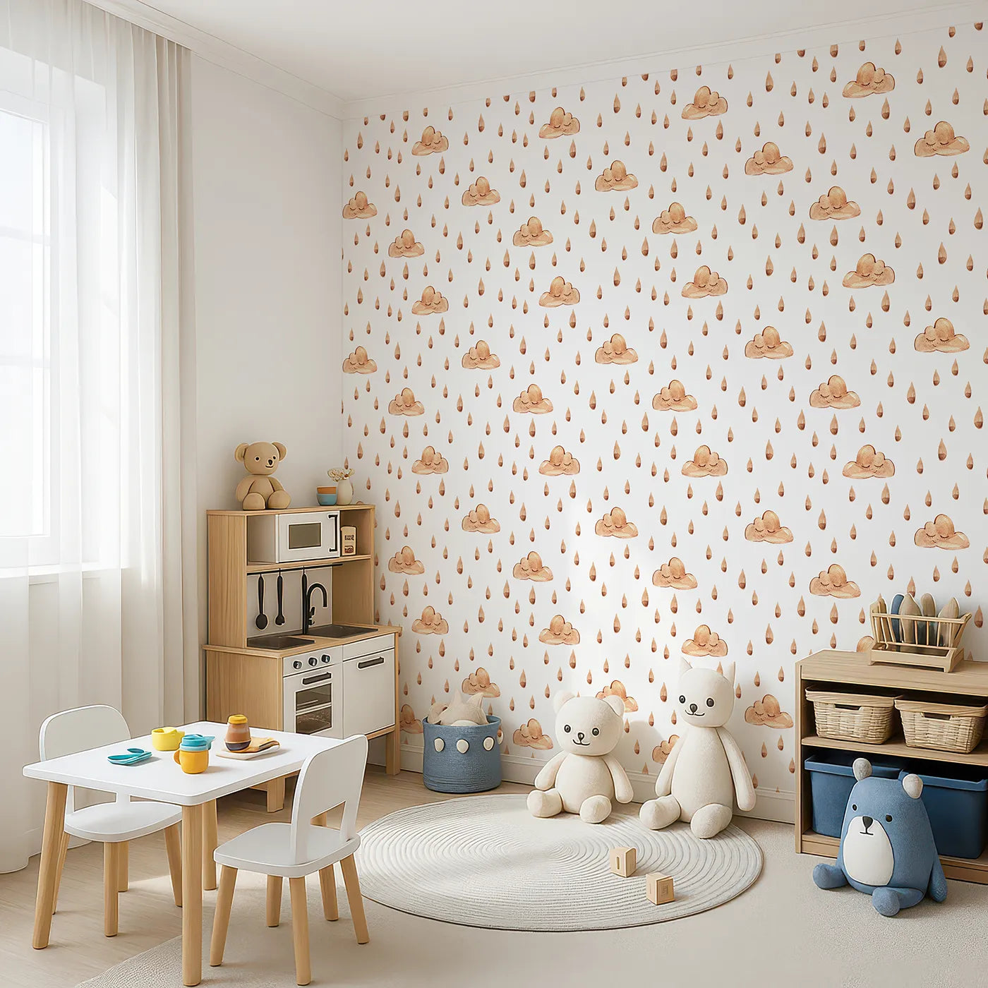 Angled view of Whimsy Tots' Rainy Day Nap Wallpaper in White (W3384A).Watercolor clouds and sleepy raindrops drift softly on a white sky.