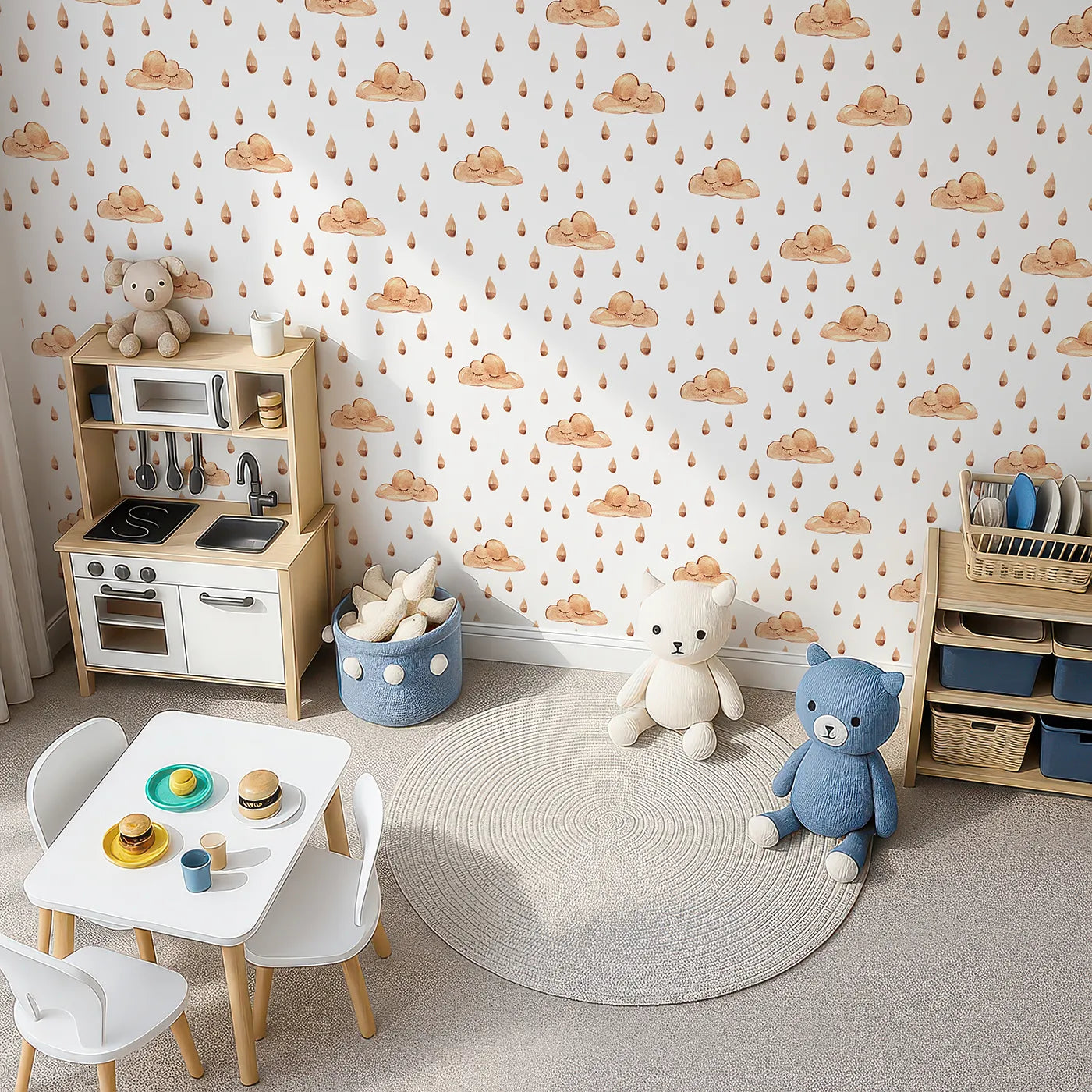 Top-Down view of Whimsy Tots' Rainy Day Nap Wallpaper in White (W3384A).Watercolor clouds and sleepy raindrops drift softly on a white sky.