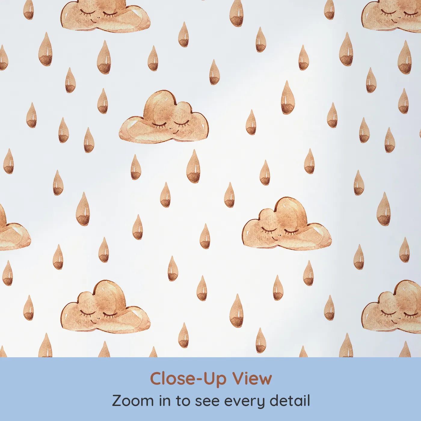 Close-up view of Whimsy Tots' Rainy Day Nap Wallpaper in White (W3384A).Watercolor clouds and sleepy raindrops drift softly on a white sky.