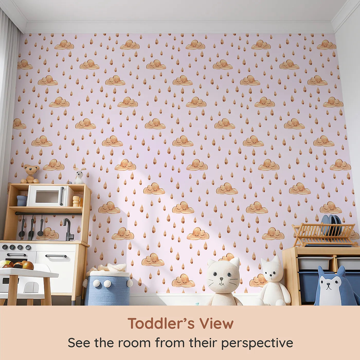 Whimsy Tots Rainy Day Nap Wallpaper in Blush Pink (W3384B) from your child's view.Watercolor clouds and sleepy raindrops drift softly on a pale blush sky.