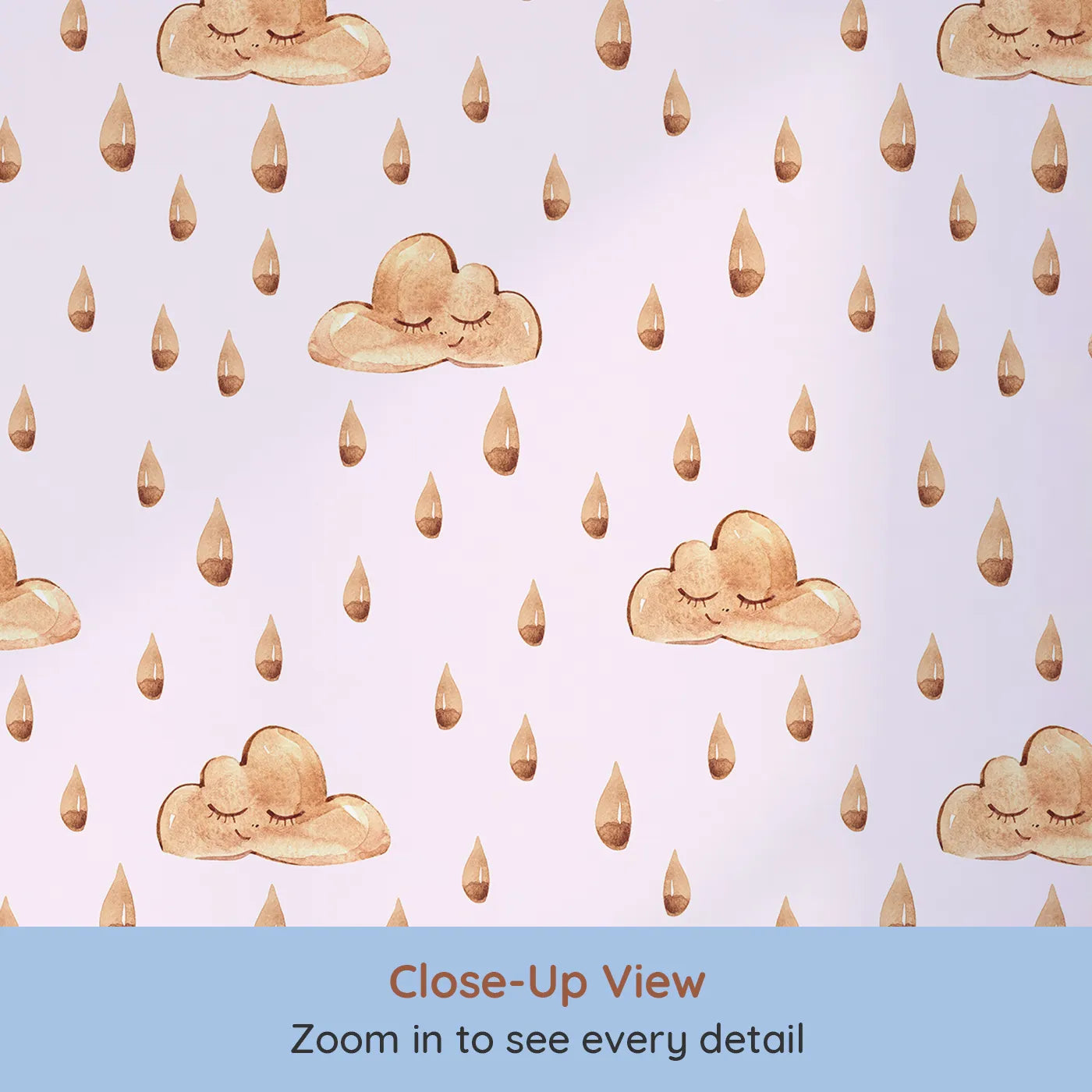 Close-up view of Whimsy Tots' Rainy Day Nap Wallpaper in Blush Pink (W3384B).Watercolor clouds and sleepy raindrops drift softly on a pale blush sky.