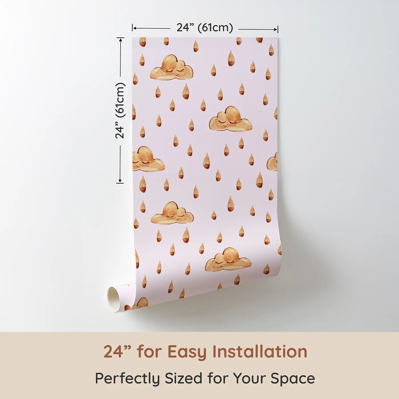 Dimension view of Whimsy Tots Rainy Day Nap Wallpaper in Blush Pink (W3384B). Printed in 24-inch-wide panel for easy installation. Watercolor clouds and sleepy raindrops drift softly on a pale blush sky.