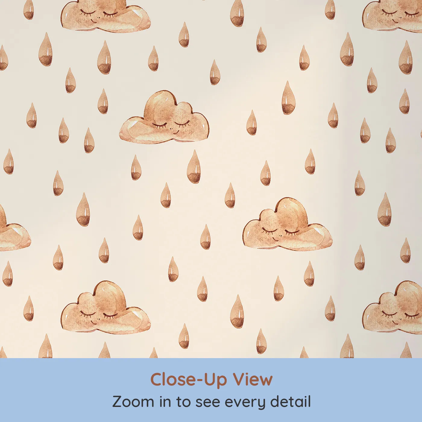 Close-up view of Whimsy Tots' Rainy Day Nap Wallpaper in Cream (W3384C).Watercolor clouds and sleepy raindrops drift softly on a warm cream sky.