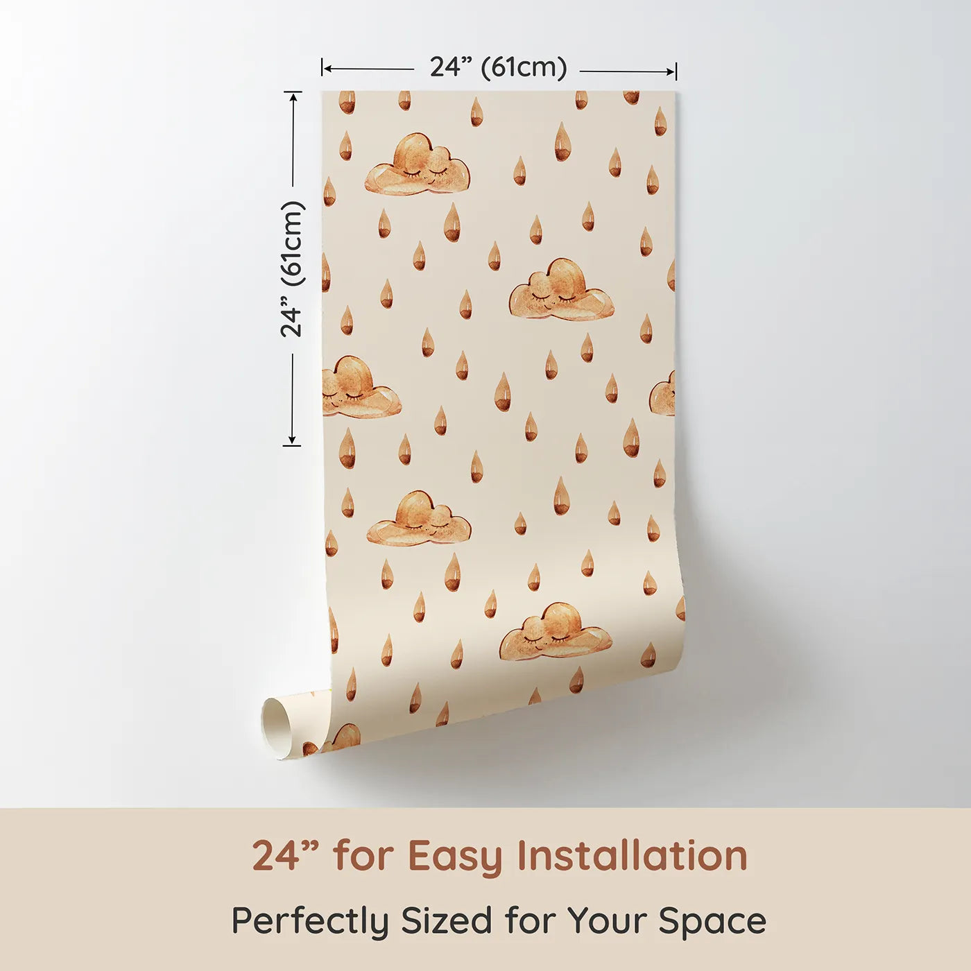 Dimension view of Whimsy Tots Rainy Day Nap Wallpaper in Cream (W3384C). Printed in 24-inch-wide panel for easy installation. Watercolor clouds and sleepy raindrops drift softly on a warm cream sky.