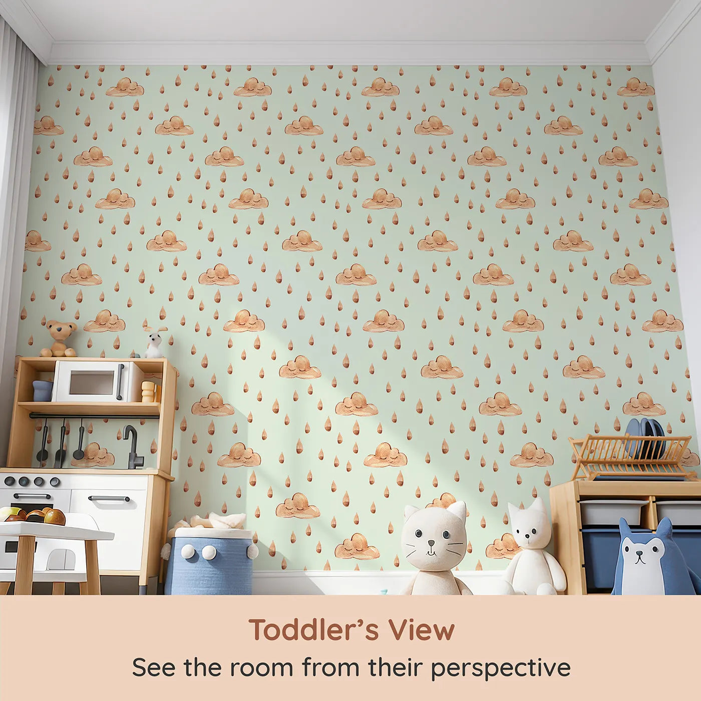 Whimsy Tots Rainy Day Nap Wallpaper in Mint Green (W3384D) from your child's view.Watercolor clouds and sleepy raindrops drift softly on a pale mint sky.