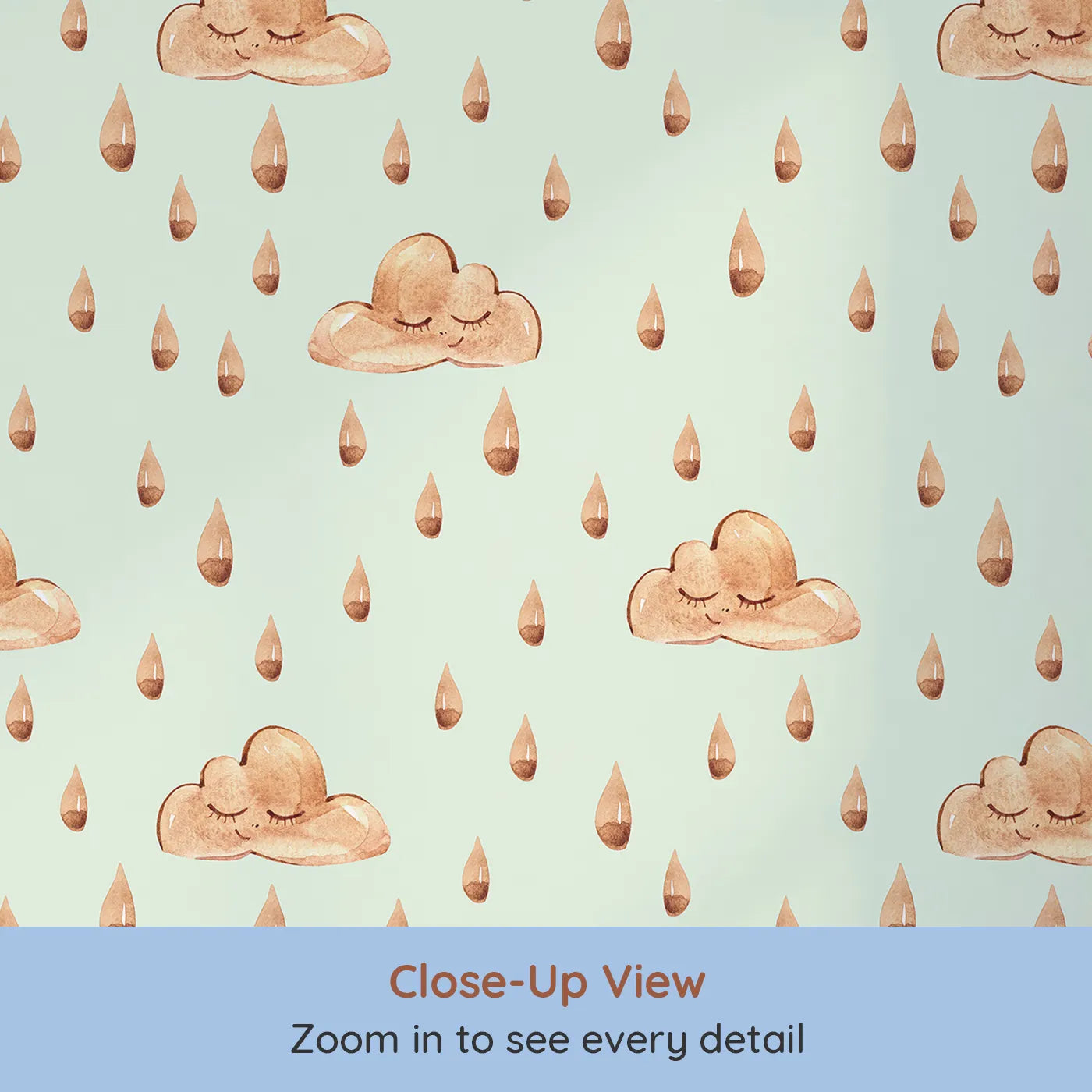 Close-up view of Whimsy Tots' Rainy Day Nap Wallpaper in Mint Green (W3384D).Watercolor clouds and sleepy raindrops drift softly on a pale mint sky.