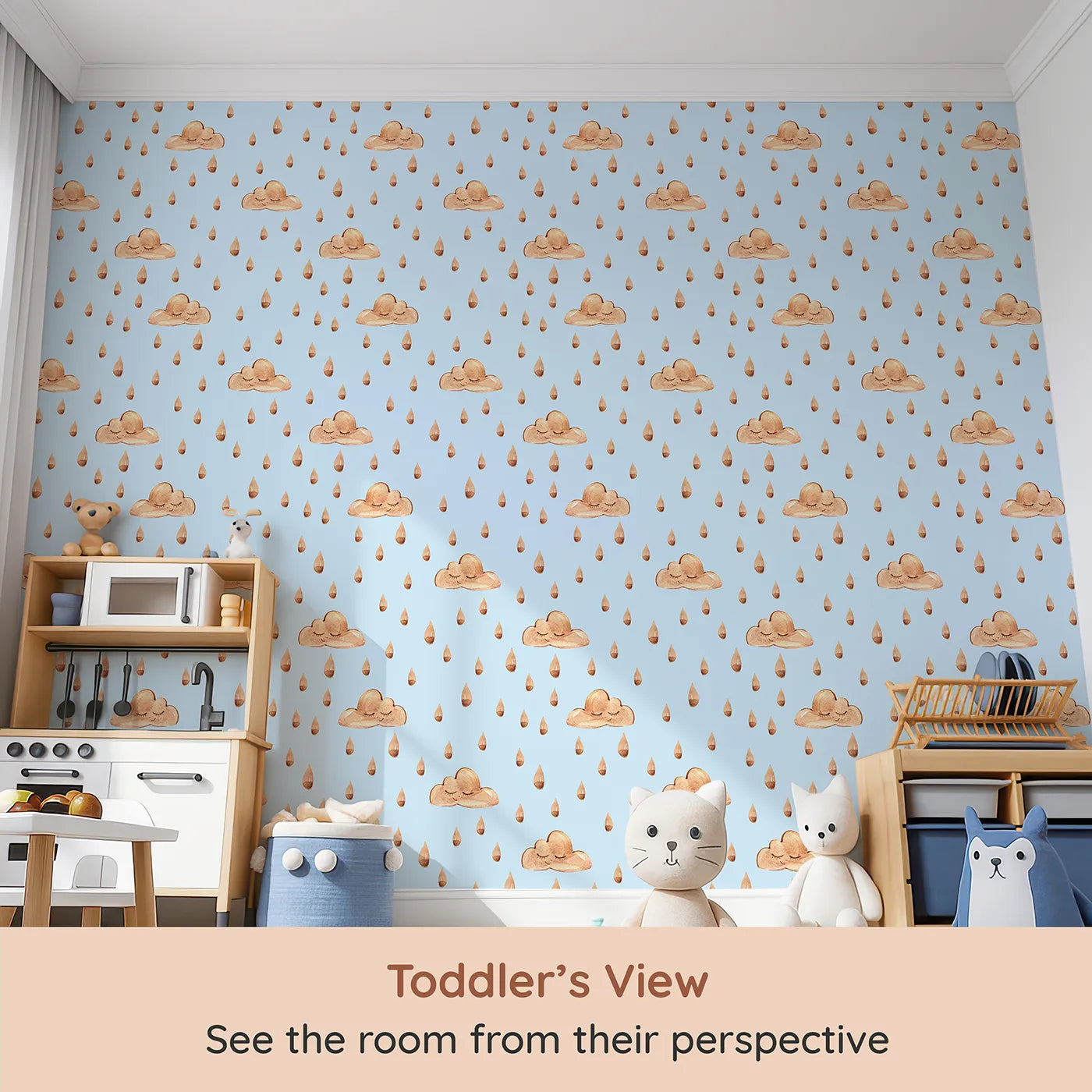 Whimsy Tots Rainy Day Nap Wallpaper in Blue (W3384E) from your child's view.Watercolor clouds and sleepy raindrops drift softly on a soft blue sky.