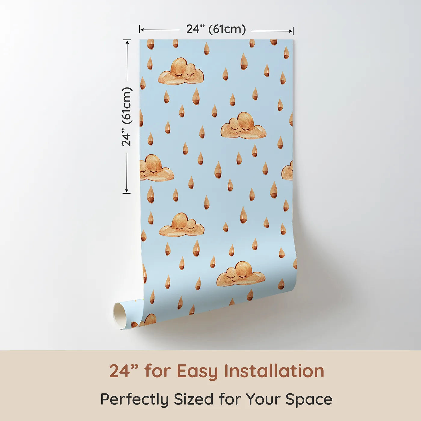 Dimension view of Whimsy Tots Rainy Day Nap Wallpaper in Blue (W3384E). Printed in 24-inch-wide panel for easy installation. Watercolor clouds and sleepy raindrops drift softly on a soft blue sky.