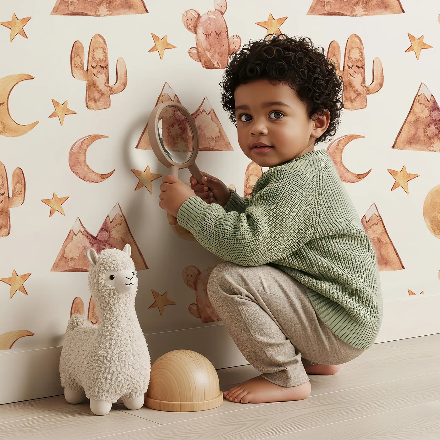 Lovely child standing in front of Whimsy Tots Desert Moon Dreams Wallpaper in White with mountain, cactus, moon, star, sleepy face in design.
