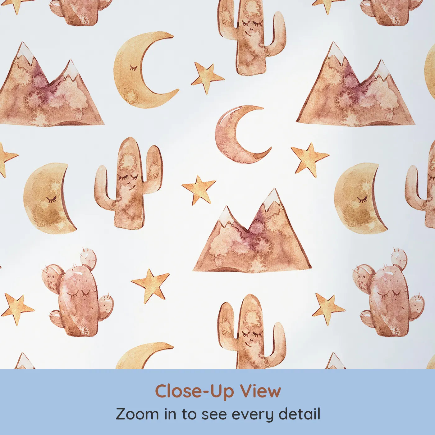 Close-up view of Whimsy Tots' Desert Moon Dreams Wallpaper in White (W3385A).Mountains, moons, and sleepy cacti drift gently across a warm desert sky.
