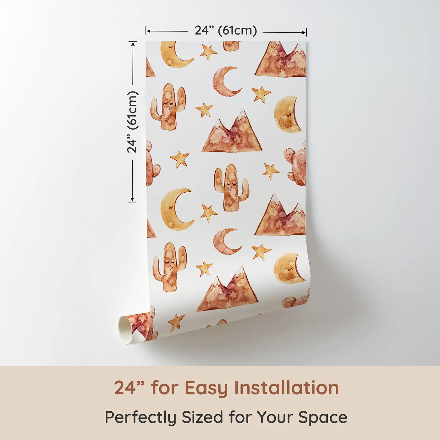 Dimension view of Whimsy Tots Desert Moon Dreams Wallpaper in White (W3385A). Printed in 24-inch-wide panel for easy installation. Mountains, moons, and sleepy cacti drift gently across a warm desert sky.