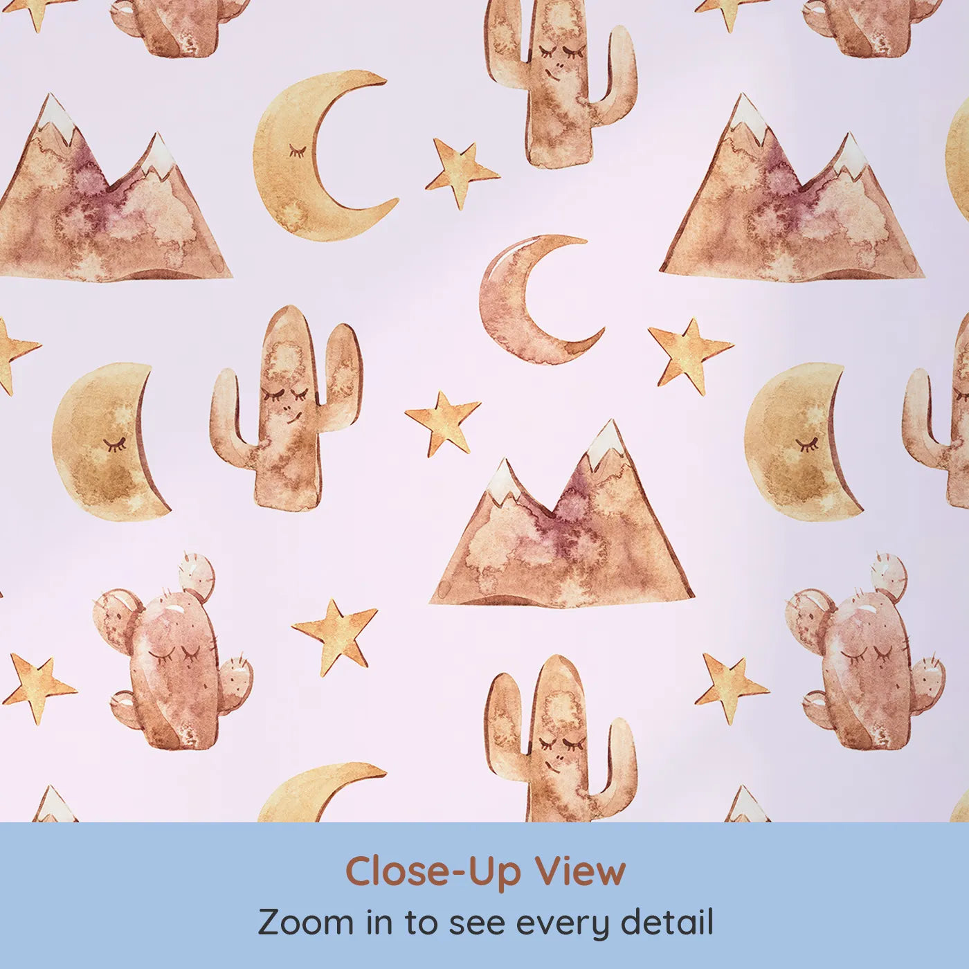 Close-up view of Whimsy Tots' Desert Moon Dreams Wallpaper in Blush Pink (W3385B).Mountains, moons, and sleepy cacti drift gently across a blush-toned sky.