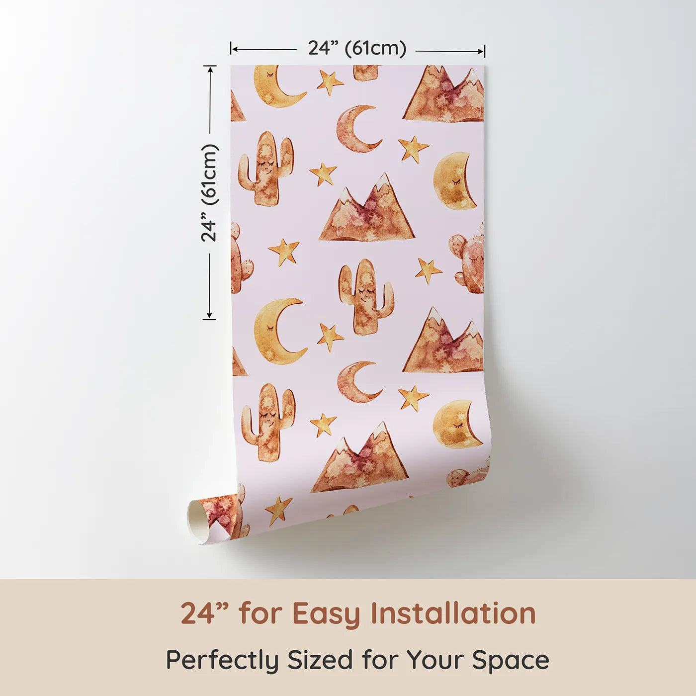 Dimension view of Whimsy Tots Desert Moon Dreams Wallpaper in Blush Pink (W3385B). Printed in 24-inch-wide panel for easy installation. Mountains, moons, and sleepy cacti drift gently across a blush-toned sky.