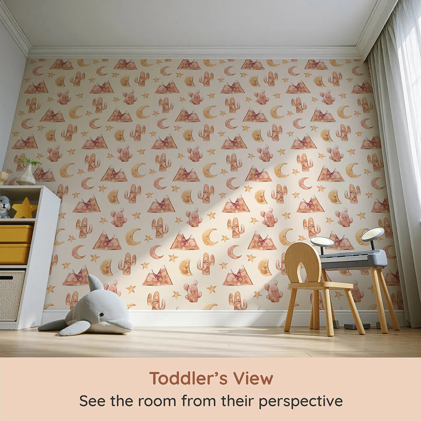 Whimsy Tots Desert Moon Dreams Wallpaper in Cream (W3385C) from your child's view.Mountains, moons, and sleepy cacti drift gently across a warm cream sky.