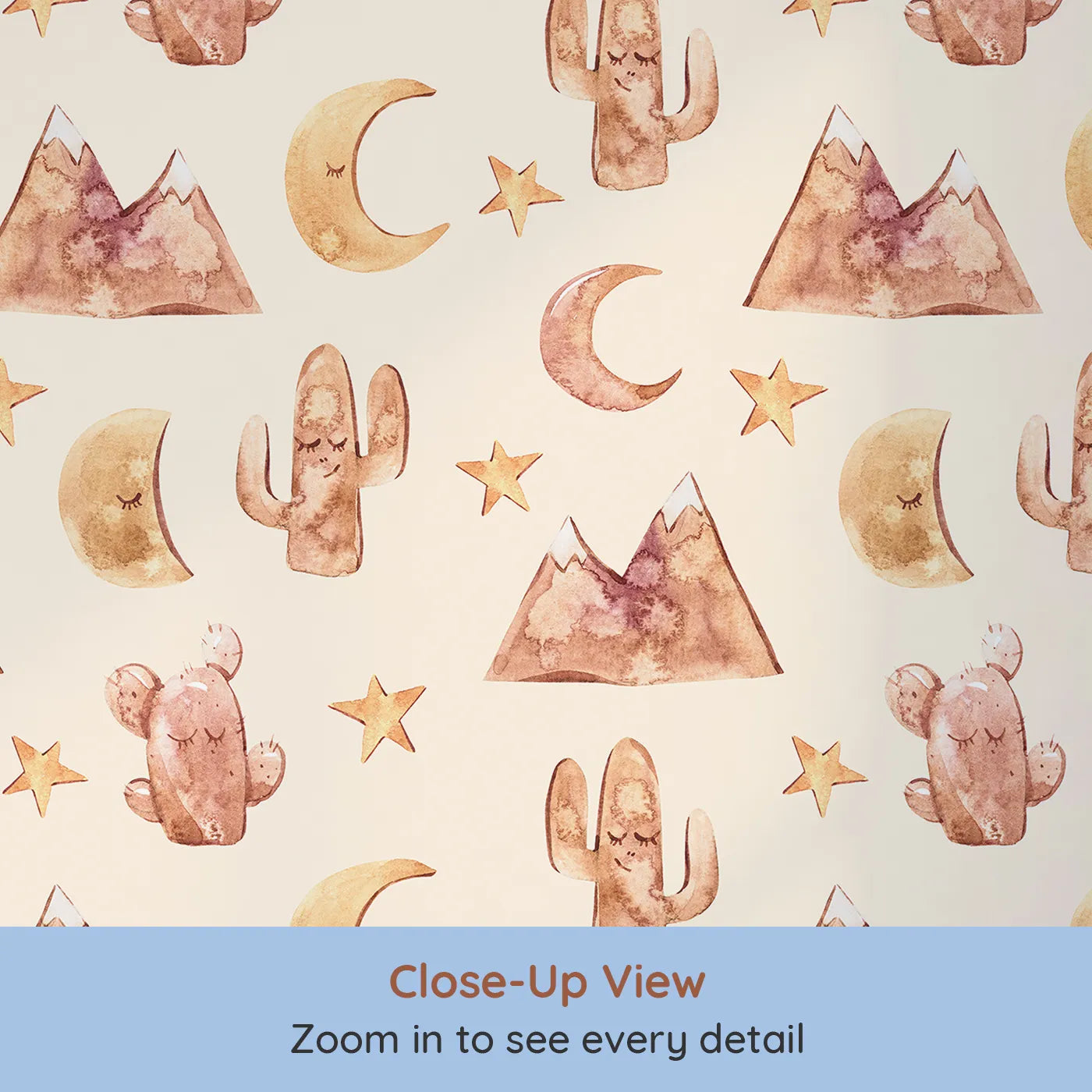 Close-up view of Whimsy Tots' Desert Moon Dreams Wallpaper in Cream (W3385C).Mountains, moons, and sleepy cacti drift gently across a warm cream sky.