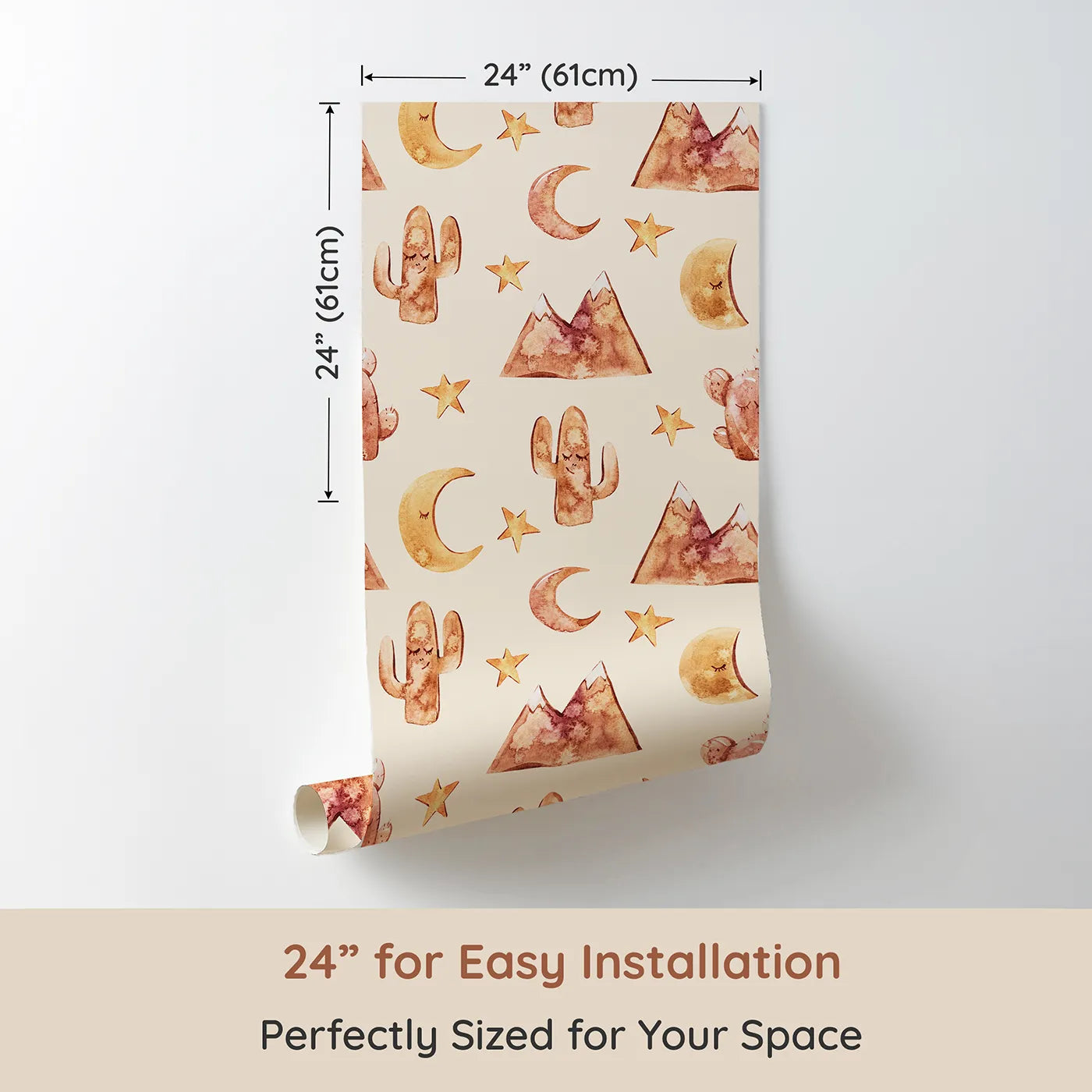 Dimension view of Whimsy Tots Desert Moon Dreams Wallpaper in Cream (W3385C). Printed in 24-inch-wide panel for easy installation. Mountains, moons, and sleepy cacti drift gently across a warm cream sky.