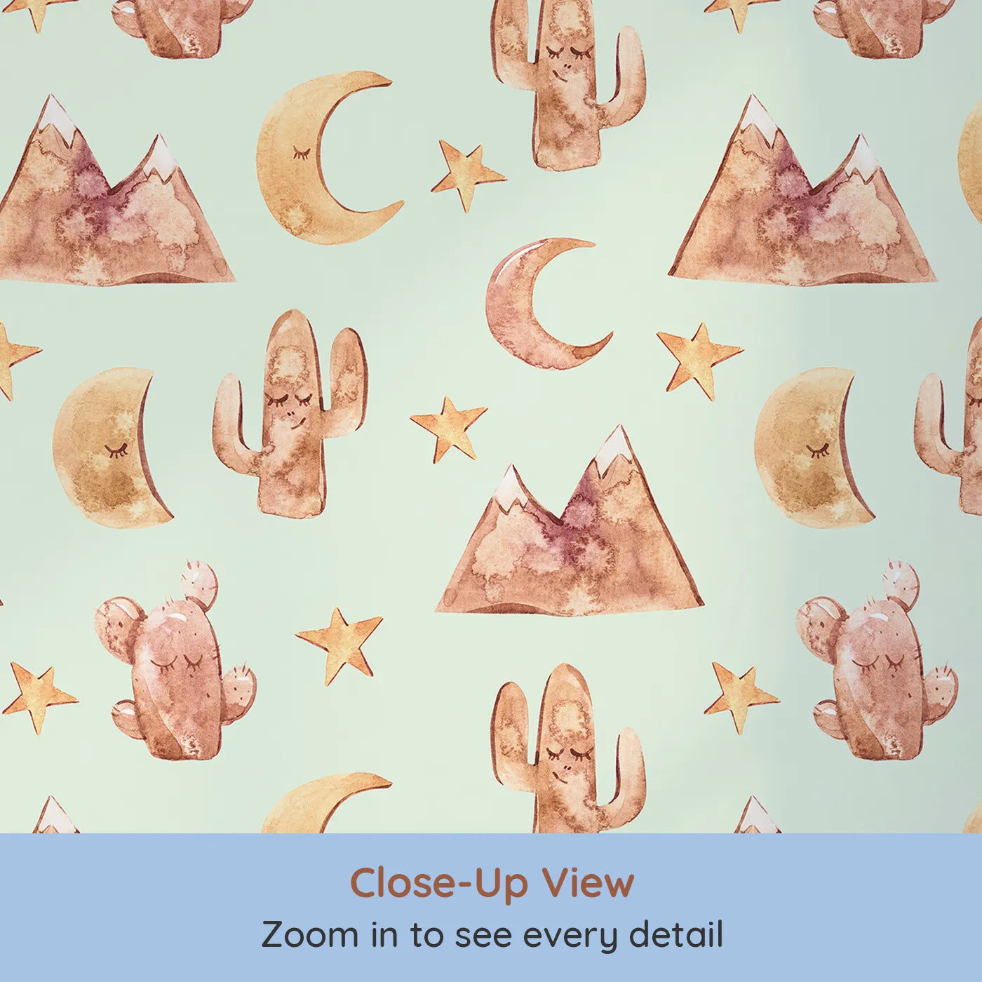 Close-up view of Whimsy Tots' Desert Moon Dreams Wallpaper in Mint Green (W3385D).Mountains, moons, and sleepy cacti drift gently across a mint-green sky.