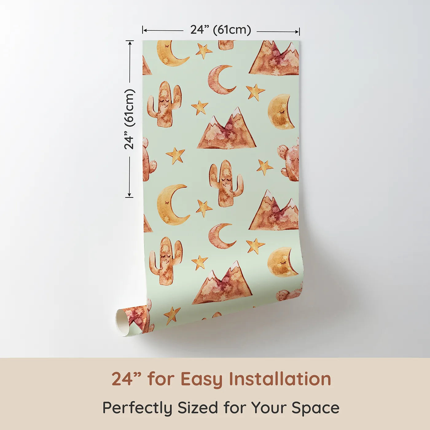 Dimension view of Whimsy Tots Desert Moon Dreams Wallpaper in Mint Green (W3385D). Printed in 24-inch-wide panel for easy installation. Mountains, moons, and sleepy cacti drift gently across a mint-green sky.