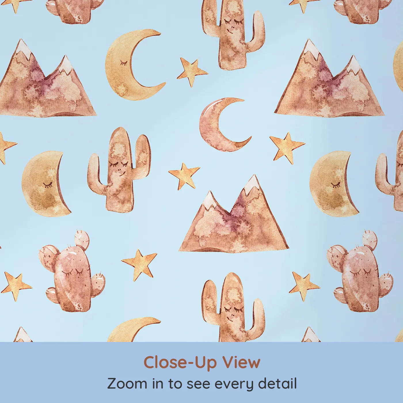 Close-up view of Whimsy Tots' Desert Moon Dreams Wallpaper in Blue (W3385E).Mountains, moons, and sleepy cacti drift gently across a peaceful blue sky.