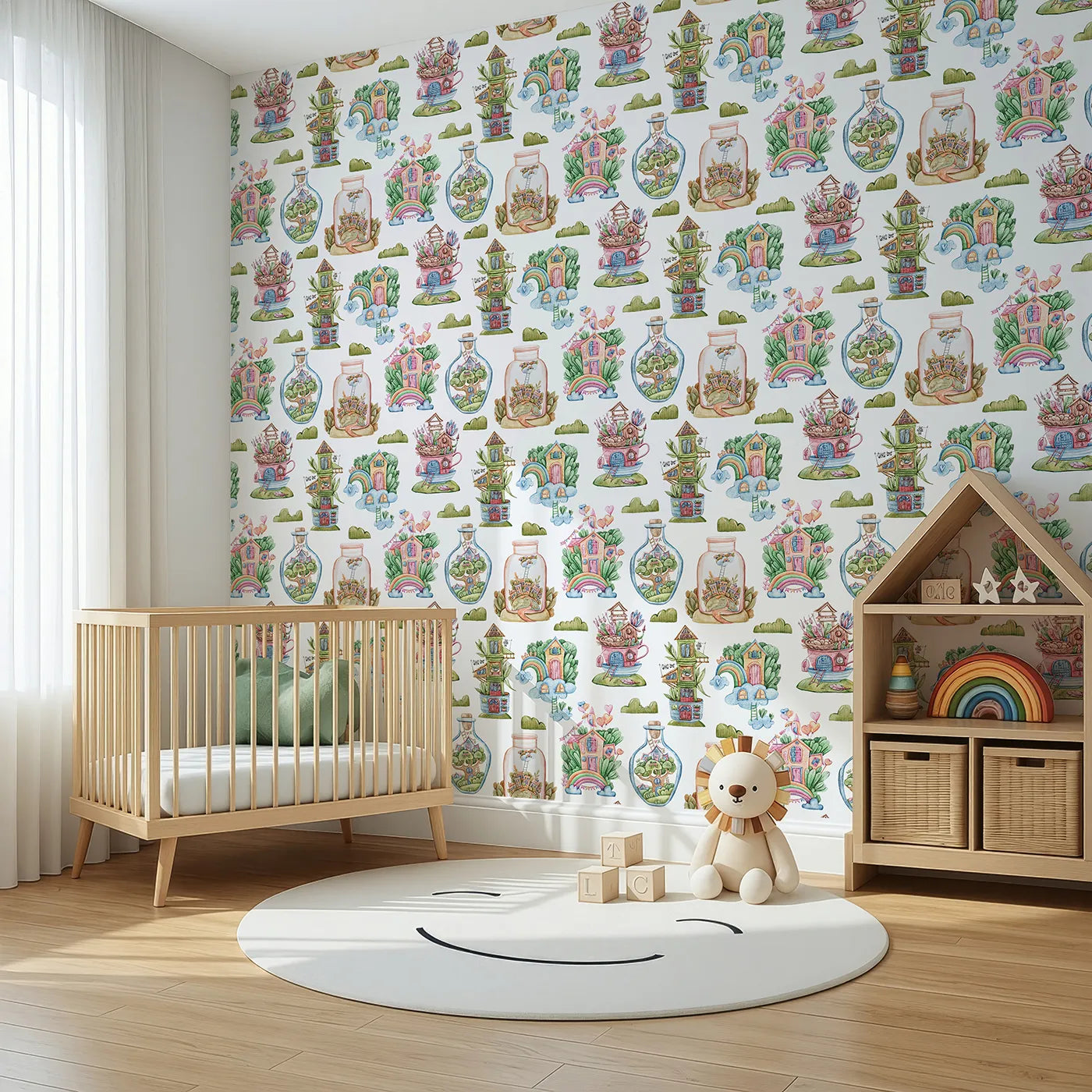 Angled view of Whimsy Tots' Whimsy Village Dreams Wallpaper in White (W3386A).Fairy-tale houses bloom in teacups, clouds, and leafy jars across a dreamy white sky.