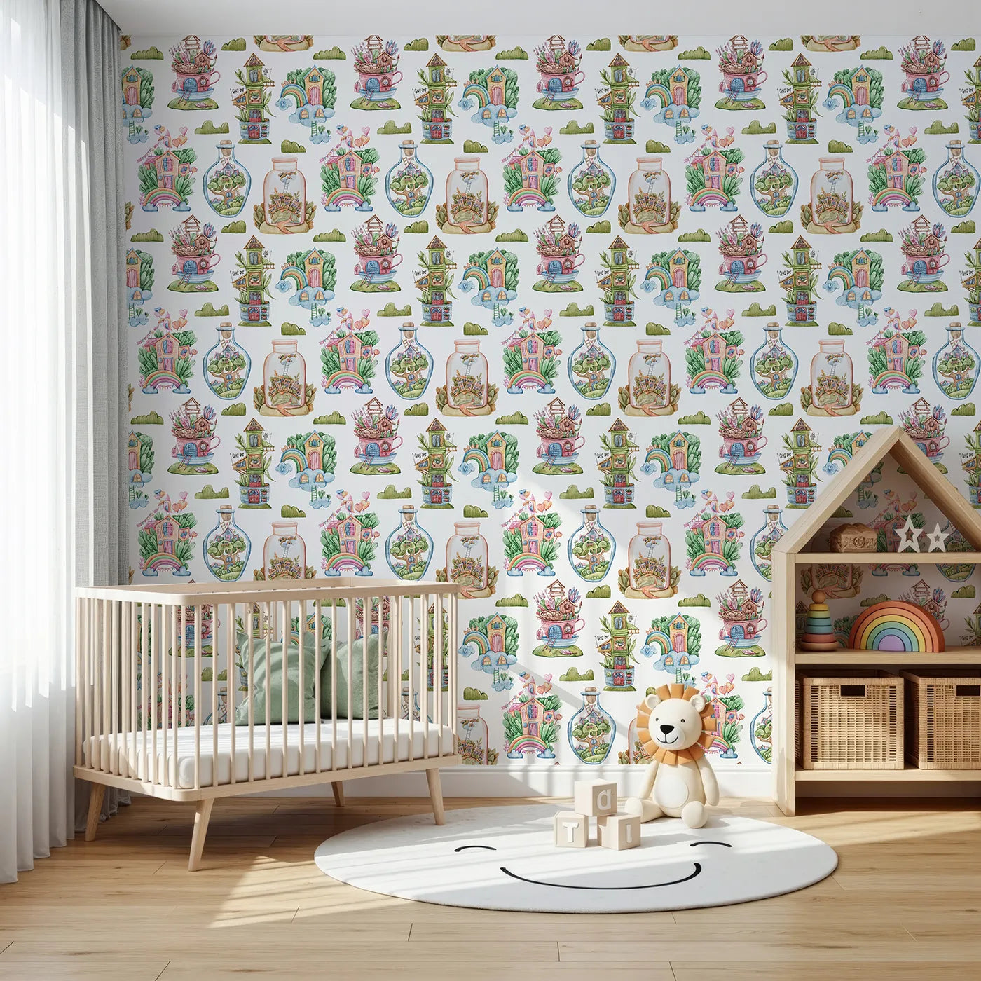 Front view of Whimsy Tots' Whimsy Village Dreams Wallpaper in White