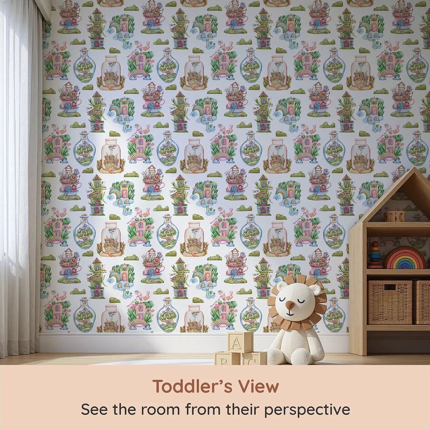 Whimsy Tots Whimsy Village Dreams Wallpaper in White (W3386A) from your child's view.Fairy-tale houses bloom in teacups, clouds, and leafy jars across a dreamy white sky.