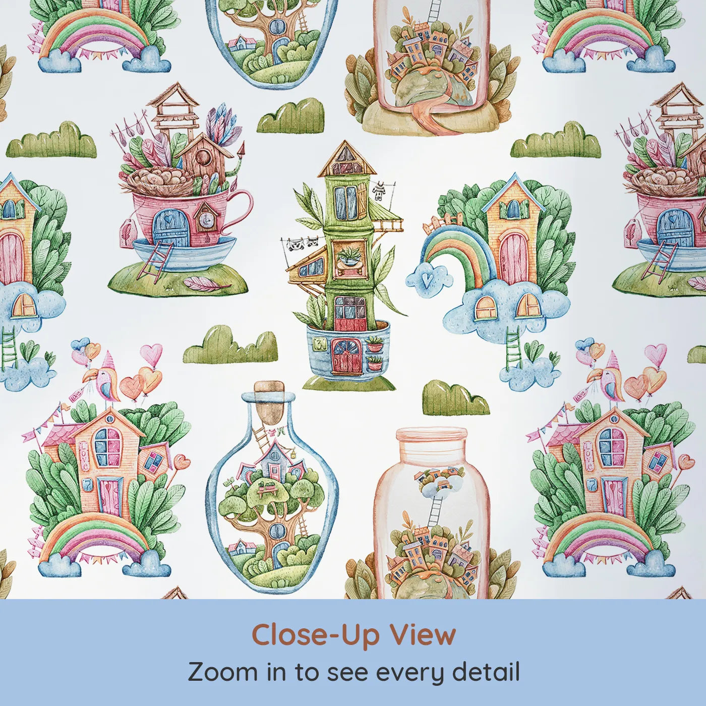 Close-up view of Whimsy Tots' Whimsy Village Dreams Wallpaper in White (W3386A).Fairy-tale houses bloom in teacups, clouds, and leafy jars across a dreamy white sky.