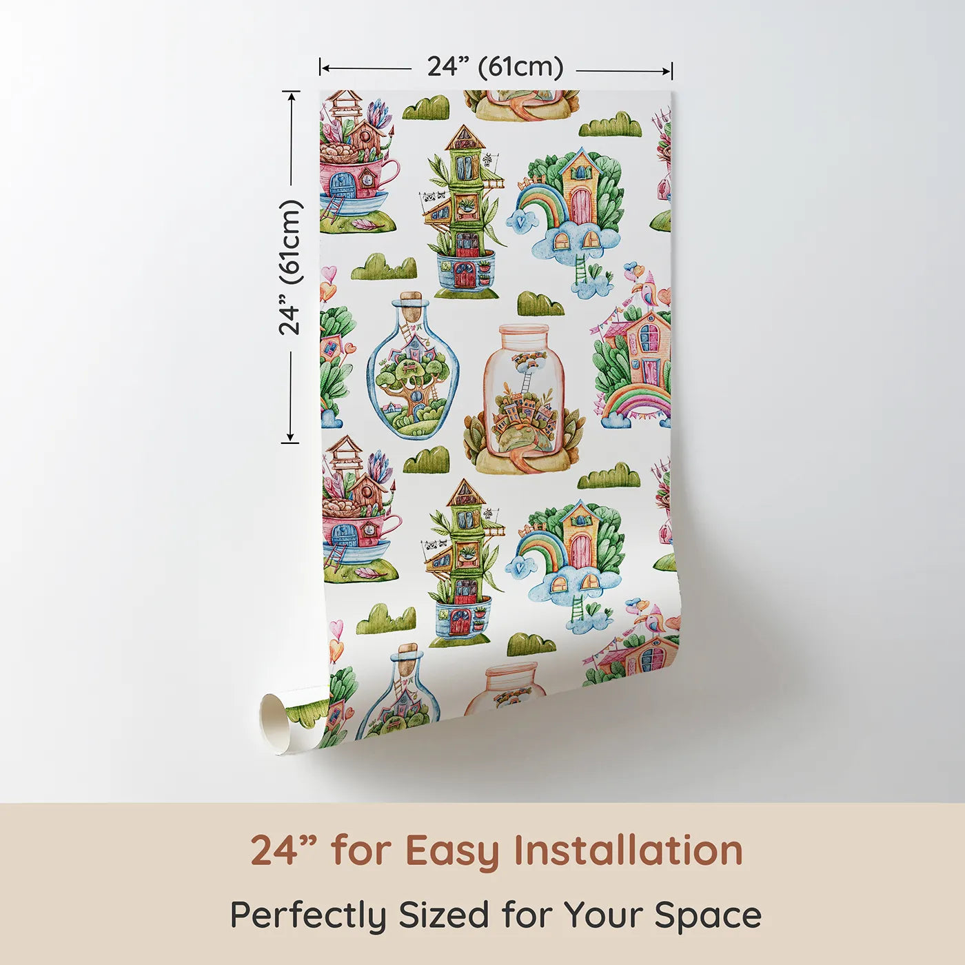 Dimension view of Whimsy Tots Whimsy Village Dreams Wallpaper in White (W3386A). Printed in 24-inch-wide panel for easy installation. Fairy-tale houses bloom in teacups, clouds, and leafy jars across a dreamy white sky.