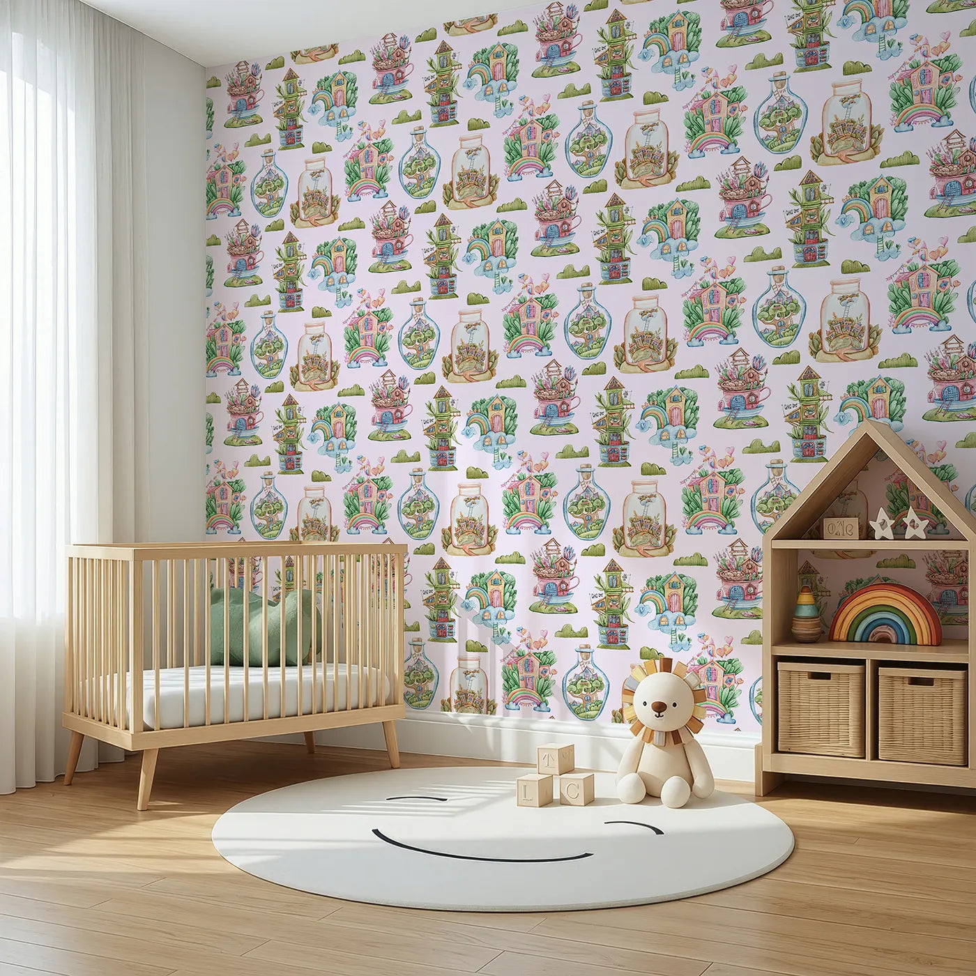Angled view of Whimsy Tots' Whimsy Village Dreams Wallpaper in Blush Pink (W3386B).Cup houses and cloud castles dance across a soft blush sky.