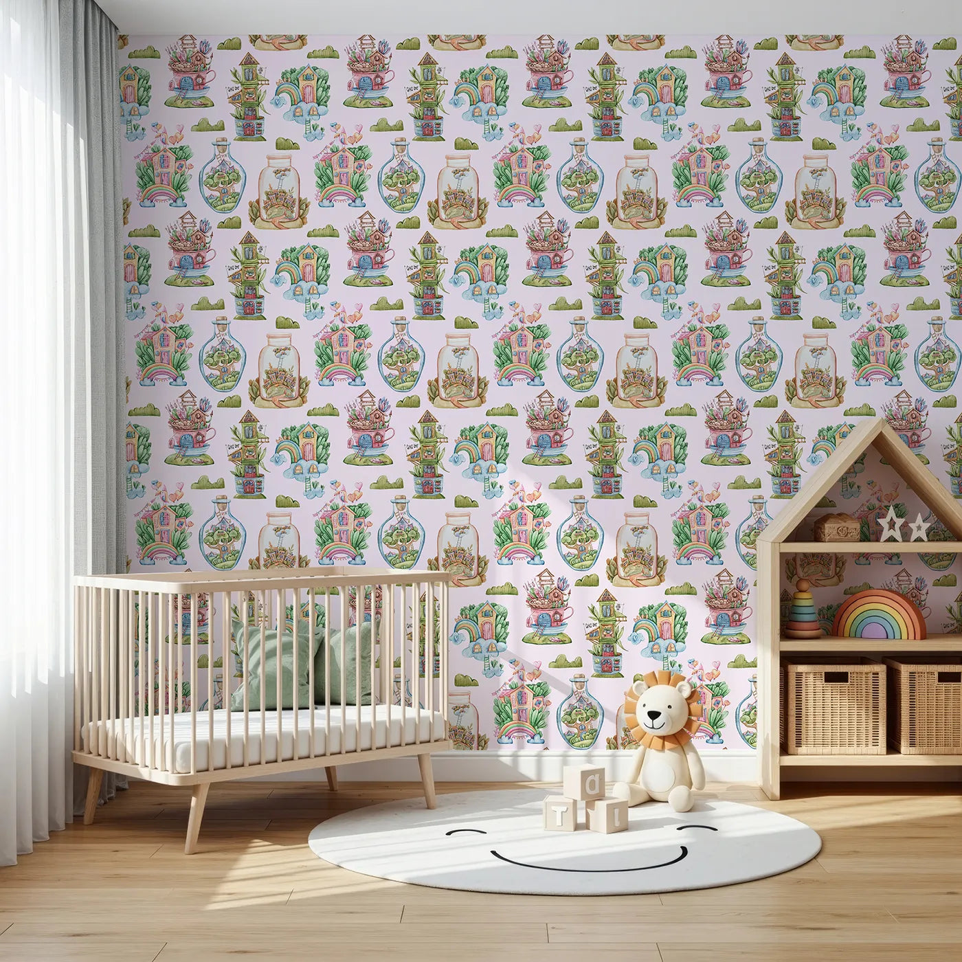 Front view of Whimsy Tots' Whimsy Village Dreams Wallpaper in Blush Pink