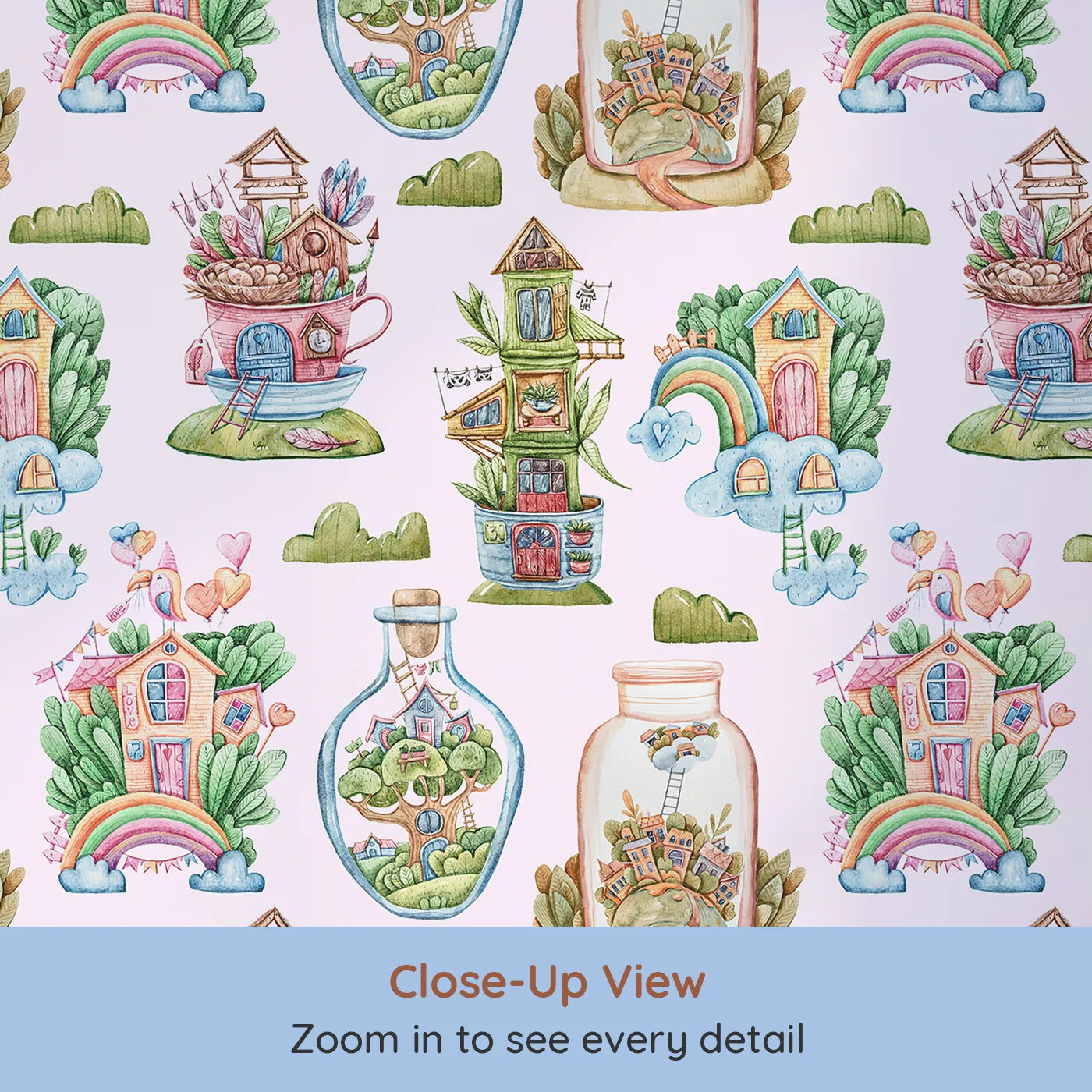 Close-up view of Whimsy Tots' Whimsy Village Dreams Wallpaper in Blush Pink (W3386B).Cup houses and cloud castles dance across a soft blush sky.