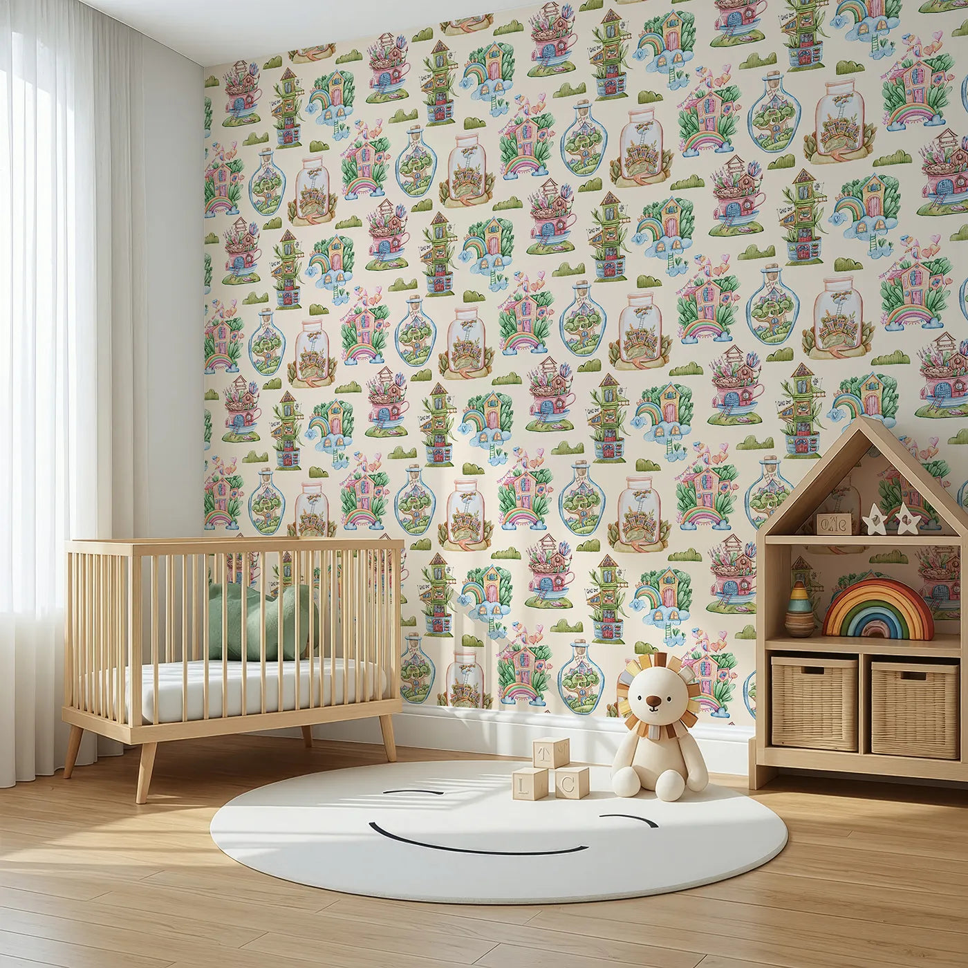 Angled view of Whimsy Tots' Whimsy Village Dreams Wallpaper in Beige (W3386C).Fairy-tale homes bloom in cups, jars, and clouds against a gentle beige sky.