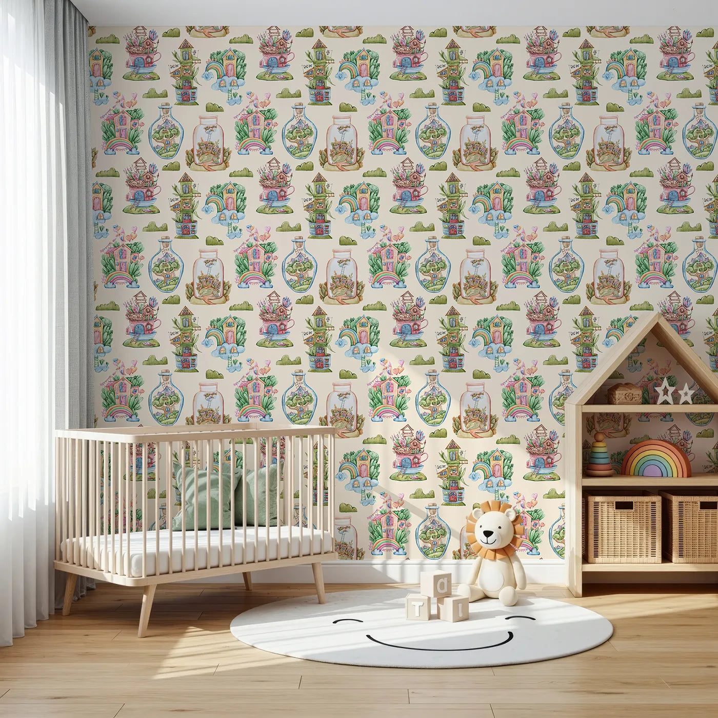 Front view of Whimsy Tots' Whimsy Village Dreams Wallpaper in Beige