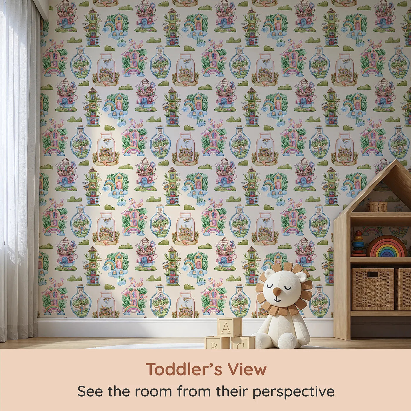 Whimsy Tots Whimsy Village Dreams Wallpaper in Beige (W3386C) from your child's view.Fairy-tale homes bloom in cups, jars, and clouds against a gentle beige sky.