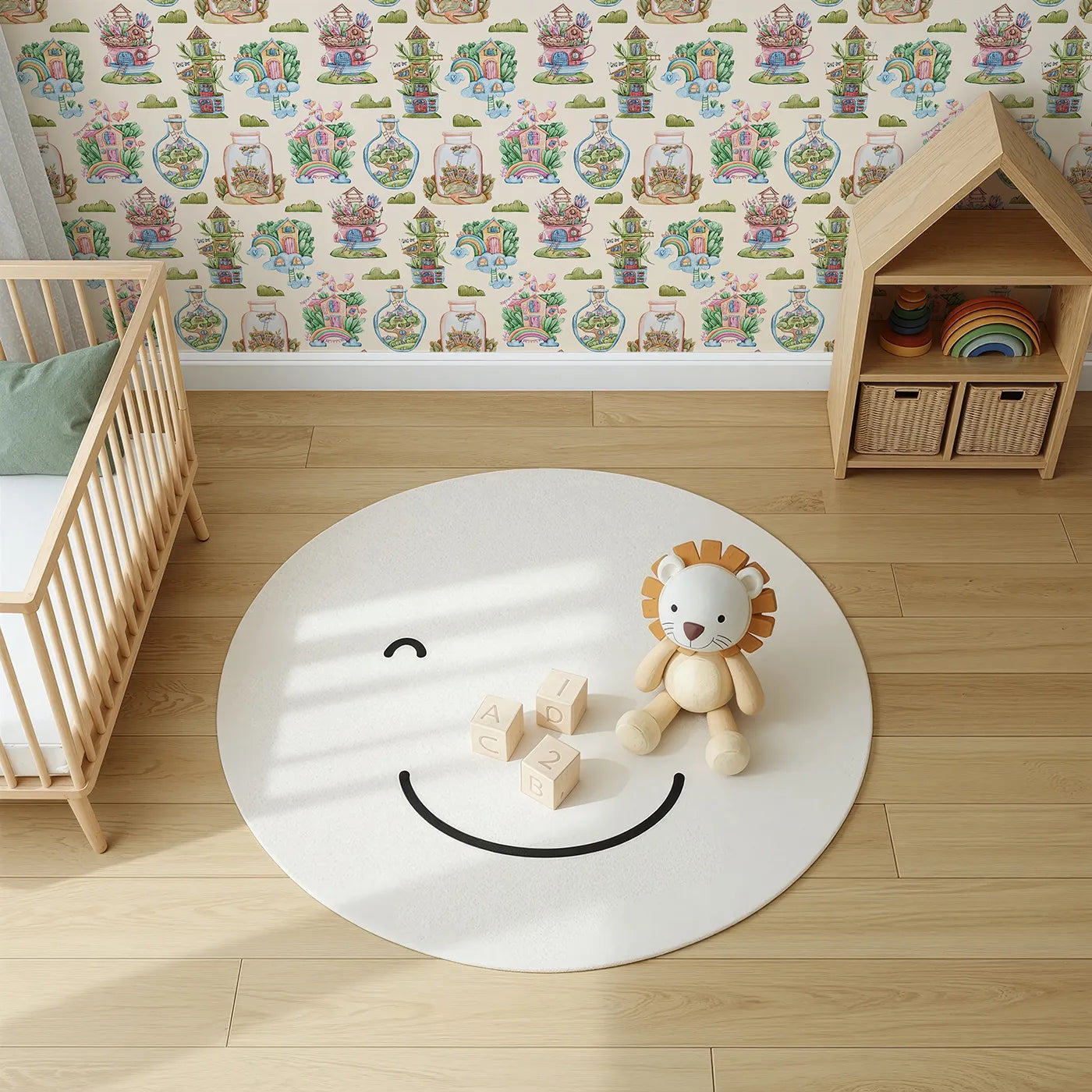 Top-Down view of Whimsy Tots' Whimsy Village Dreams Wallpaper in Beige (W3386C).Fairy-tale homes bloom in cups, jars, and clouds against a gentle beige sky.