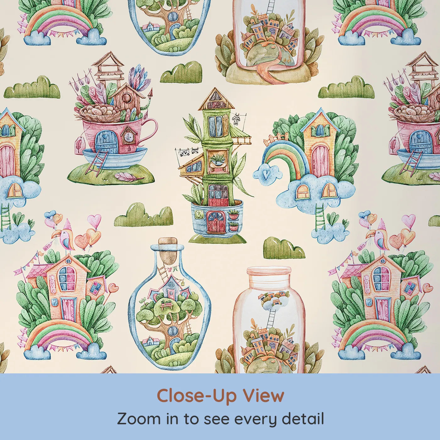 Close-up view of Whimsy Tots' Whimsy Village Dreams Wallpaper in Beige (W3386C).Fairy-tale homes bloom in cups, jars, and clouds against a gentle beige sky.