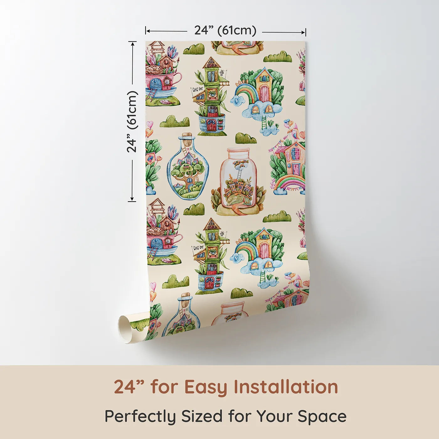 Dimension view of Whimsy Tots Whimsy Village Dreams Wallpaper in Beige (W3386C). Printed in 24-inch-wide panel for easy installation. Fairy-tale homes bloom in cups, jars, and clouds against a gentle beige sky.