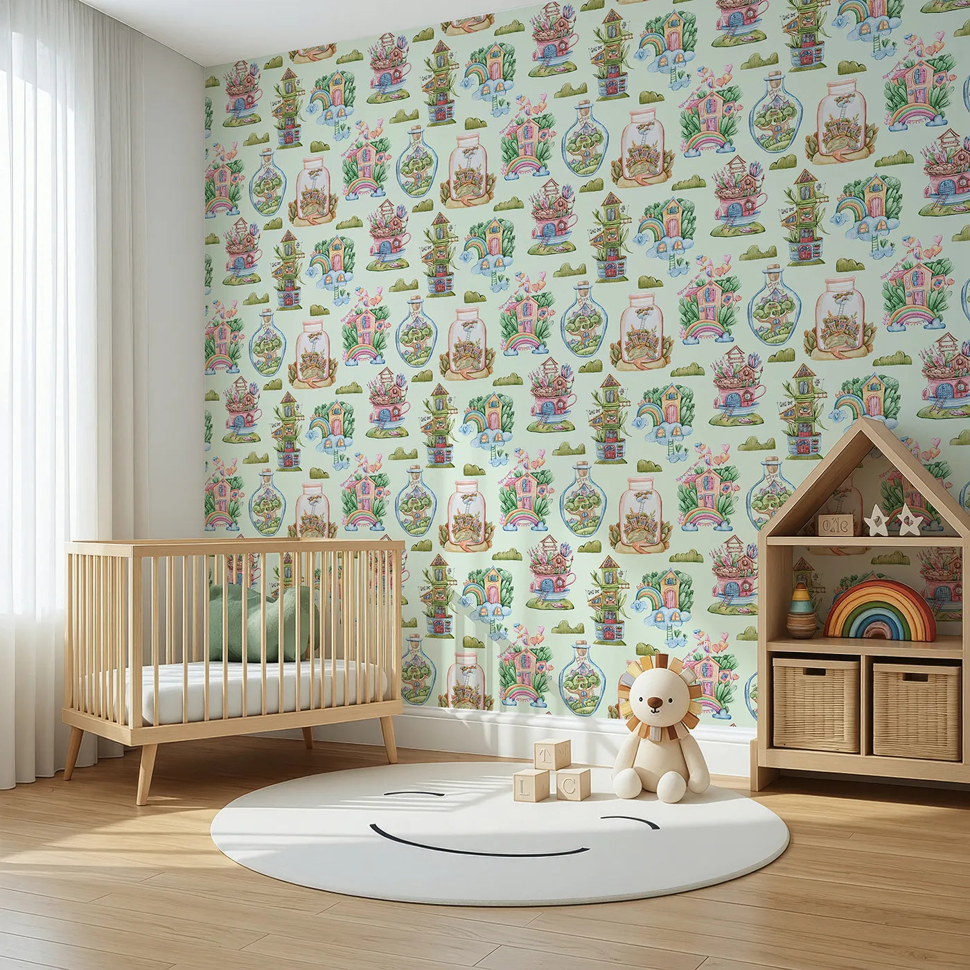 Angled view of Whimsy Tots' Whimsy Village Dreams Wallpaper in Mint Green (W3386D).Teacup towers and rainbow houses bloom across a gentle mint sky.
