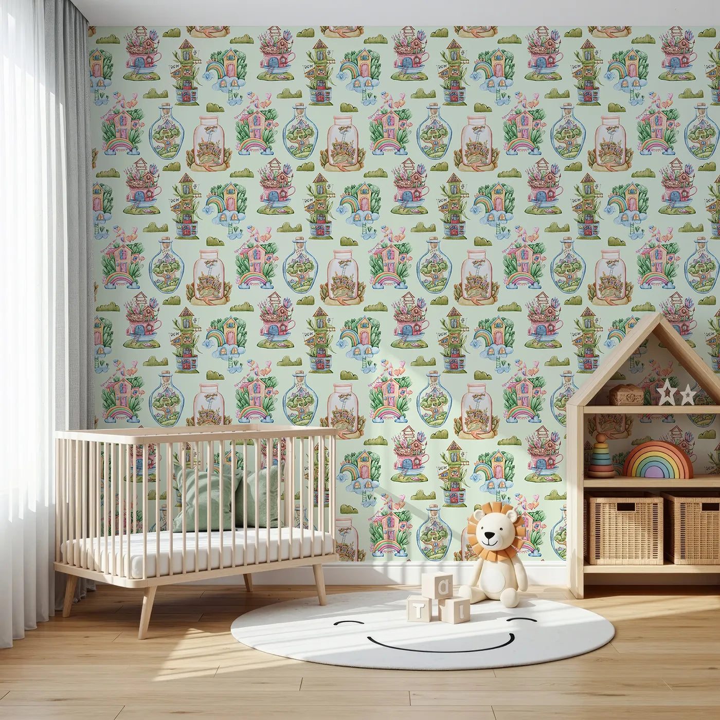 Front view of Whimsy Tots' Whimsy Village Dreams Wallpaper in Mint Green