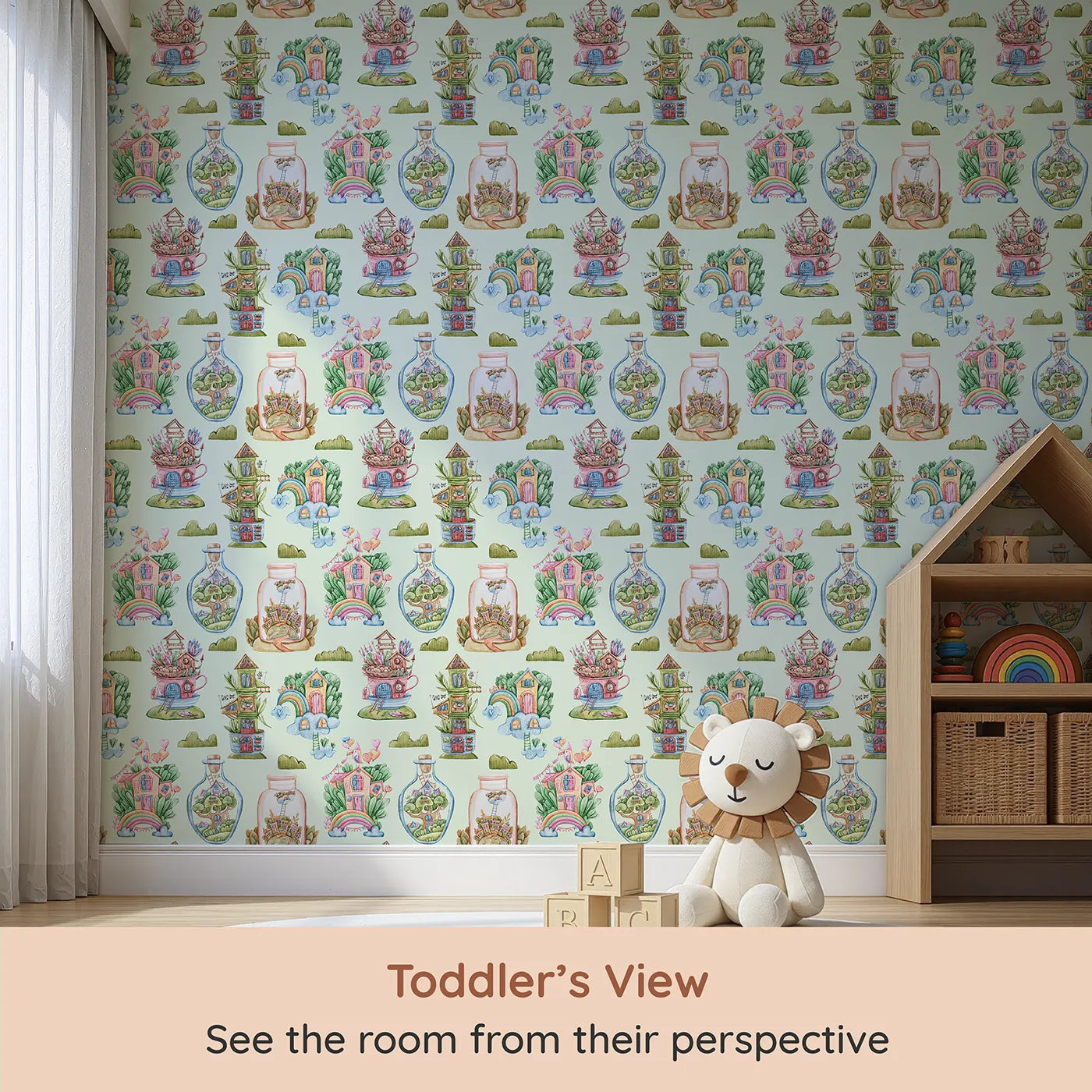 Whimsy Tots Whimsy Village Dreams Wallpaper in Mint Green (W3386D) from your child's view.Teacup towers and rainbow houses bloom across a gentle mint sky.