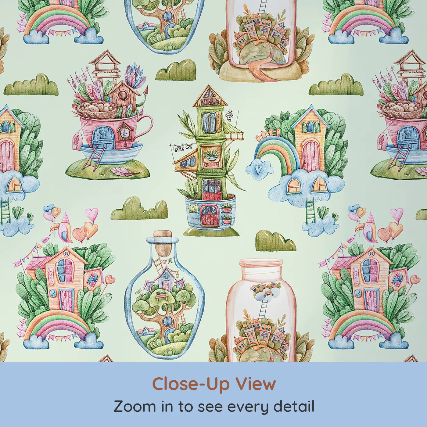 Close-up view of Whimsy Tots' Whimsy Village Dreams Wallpaper in Mint Green (W3386D).Teacup towers and rainbow houses bloom across a gentle mint sky.