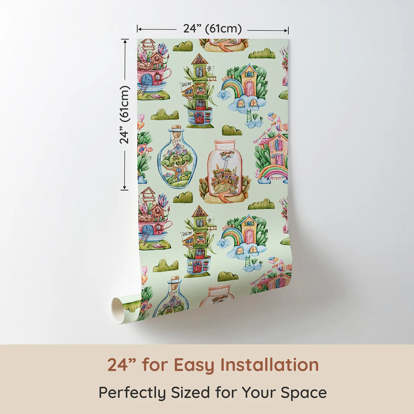 Dimension view of Whimsy Tots Whimsy Village Dreams Wallpaper in Mint Green (W3386D). Printed in 24-inch-wide panel for easy installation. Teacup towers and rainbow houses bloom across a gentle mint sky.