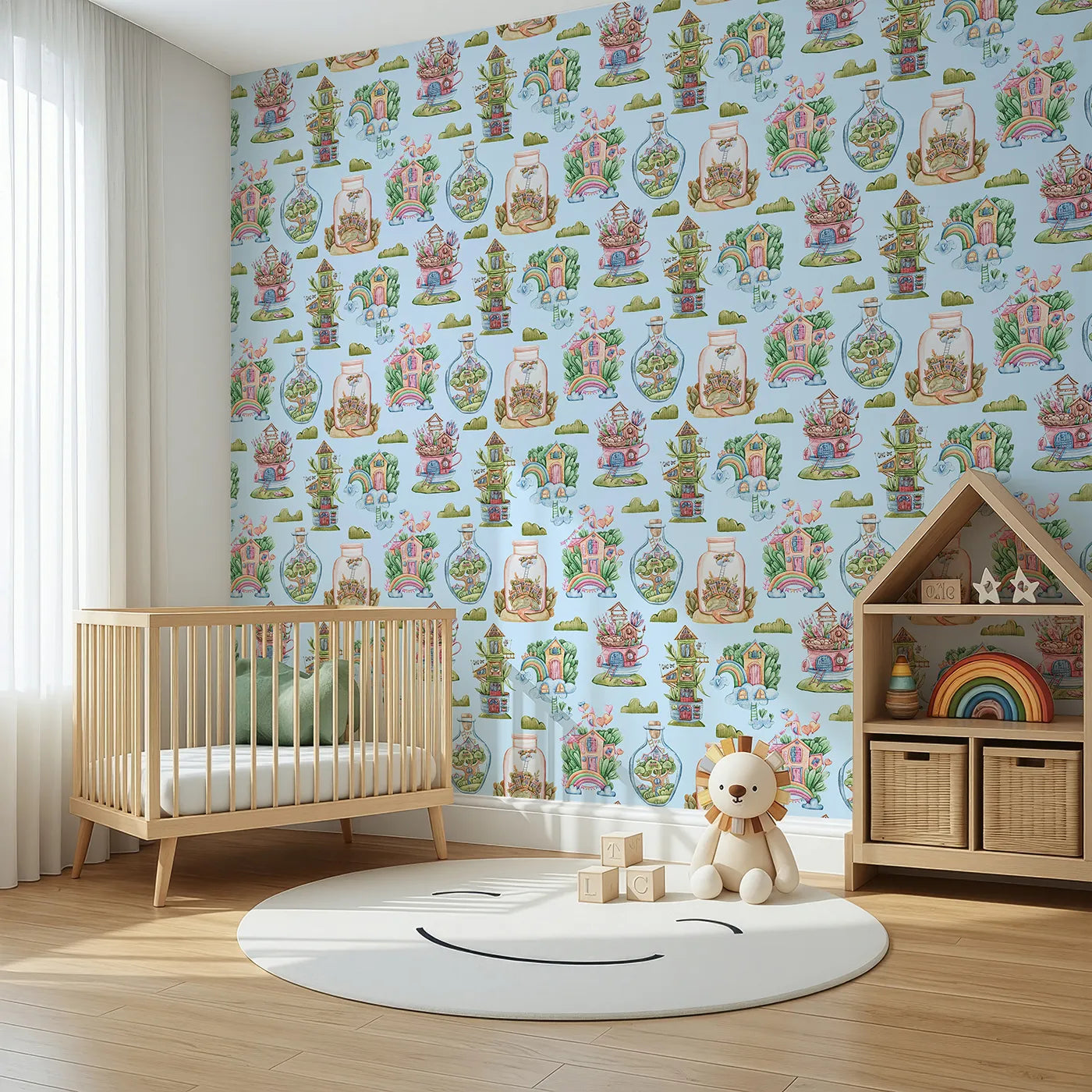 Angled view of Whimsy Tots' Whimsy Village Dreams Wallpaper in Blue (W3386E).Magical house-filled skies stretch across a soft blue dreamscape.