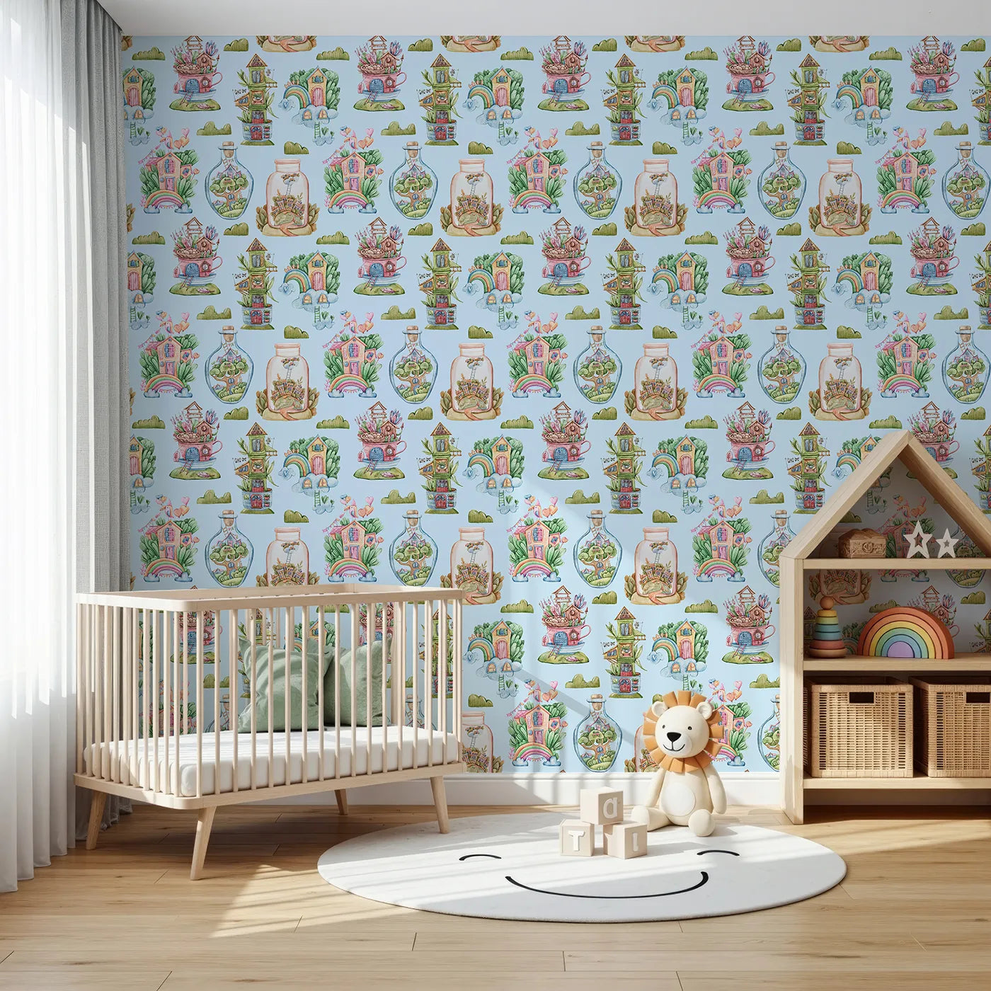Front view of Whimsy Tots' Whimsy Village Dreams Wallpaper in Blue