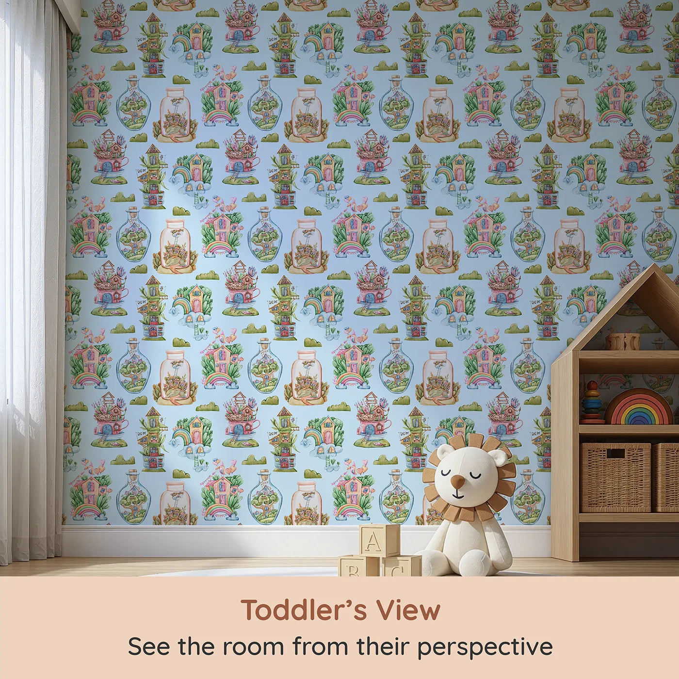 Whimsy Tots Whimsy Village Dreams Wallpaper in Blue (W3386E) from your child's view.Magical house-filled skies stretch across a soft blue dreamscape.